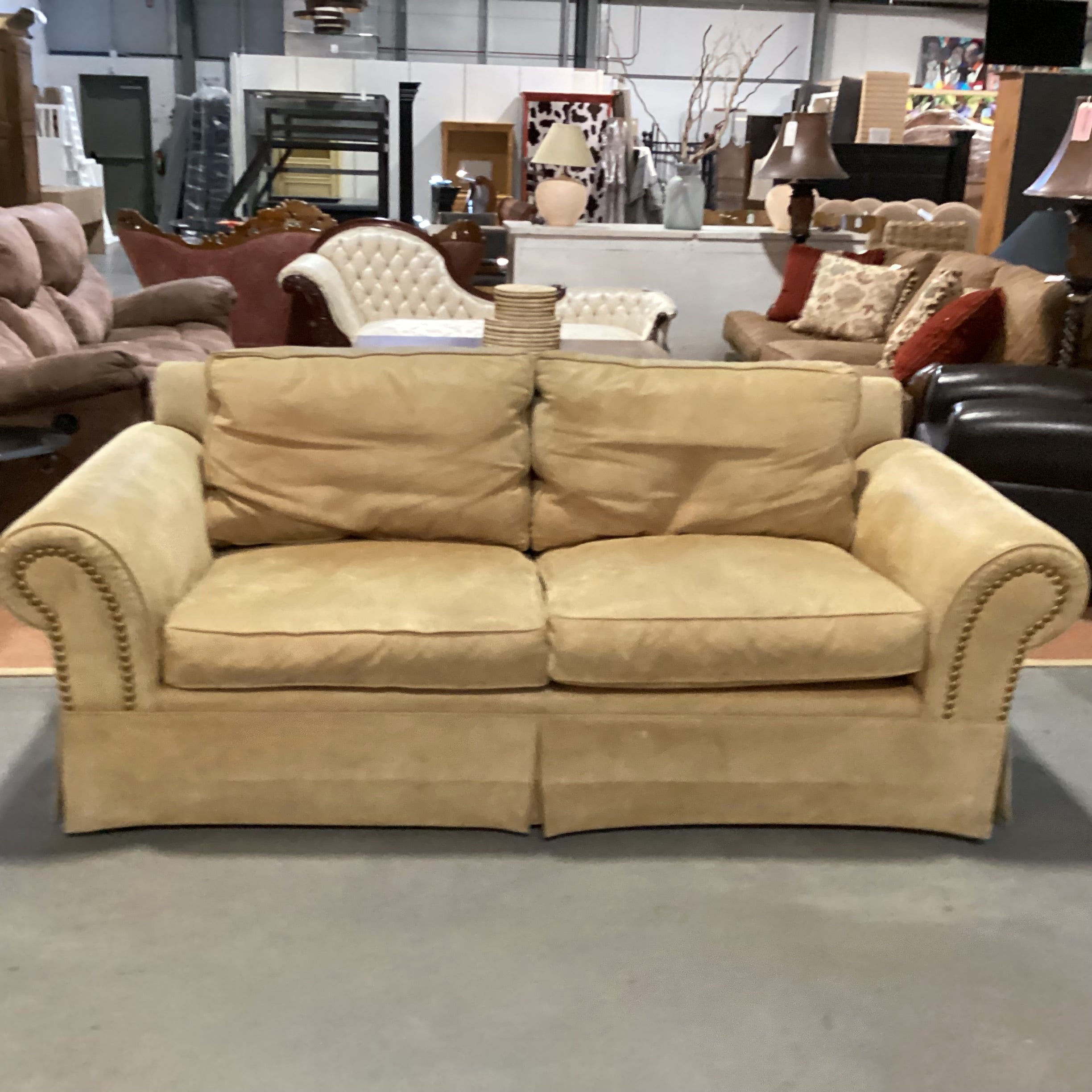 Golden Tan Leather Roll Arm Nailhead Sofa 86"x 40"x 32"