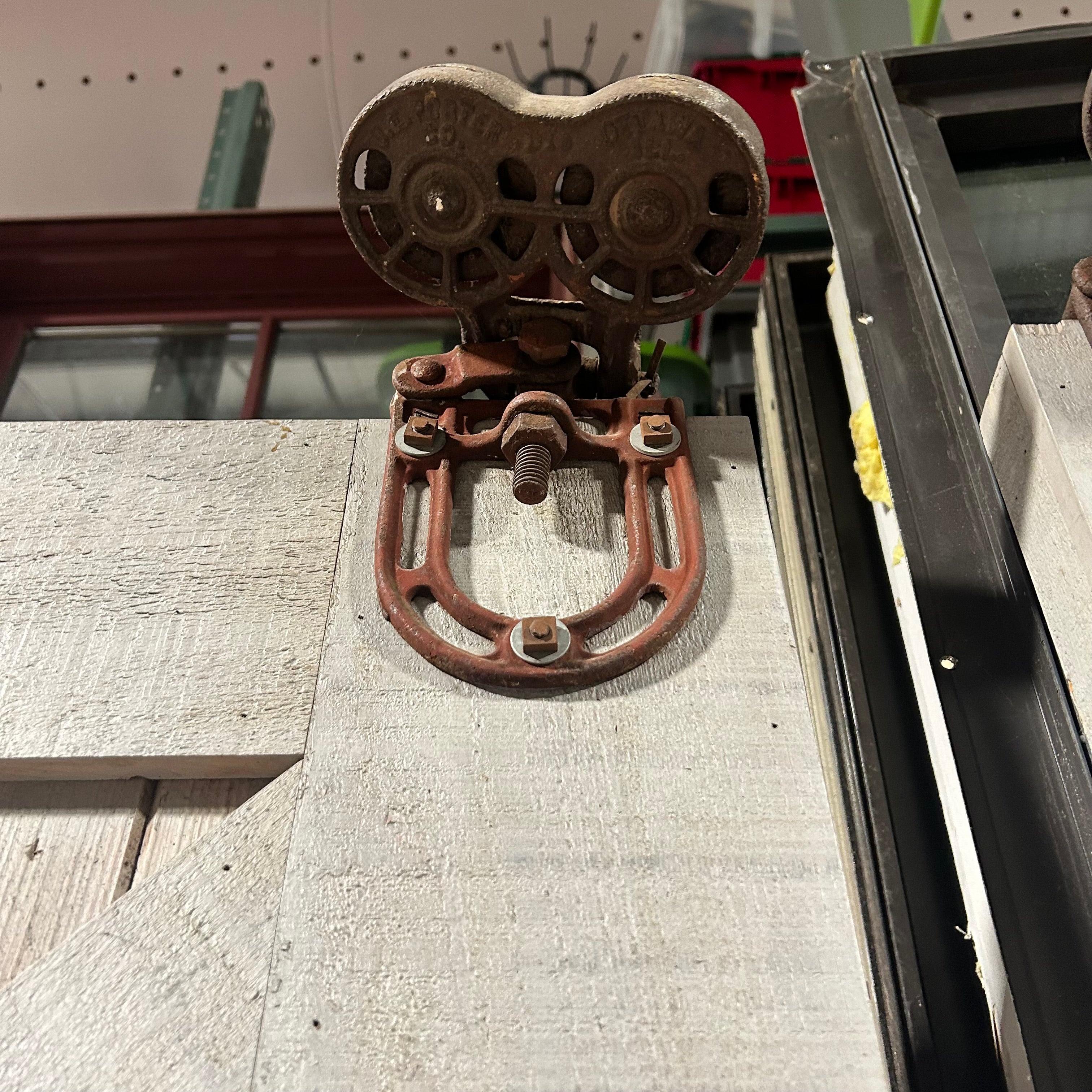 36"x 95.5"x 2" Grey Wash Barn Door PAIR with Kris/Cross Decor and Antique Trolley Hardware