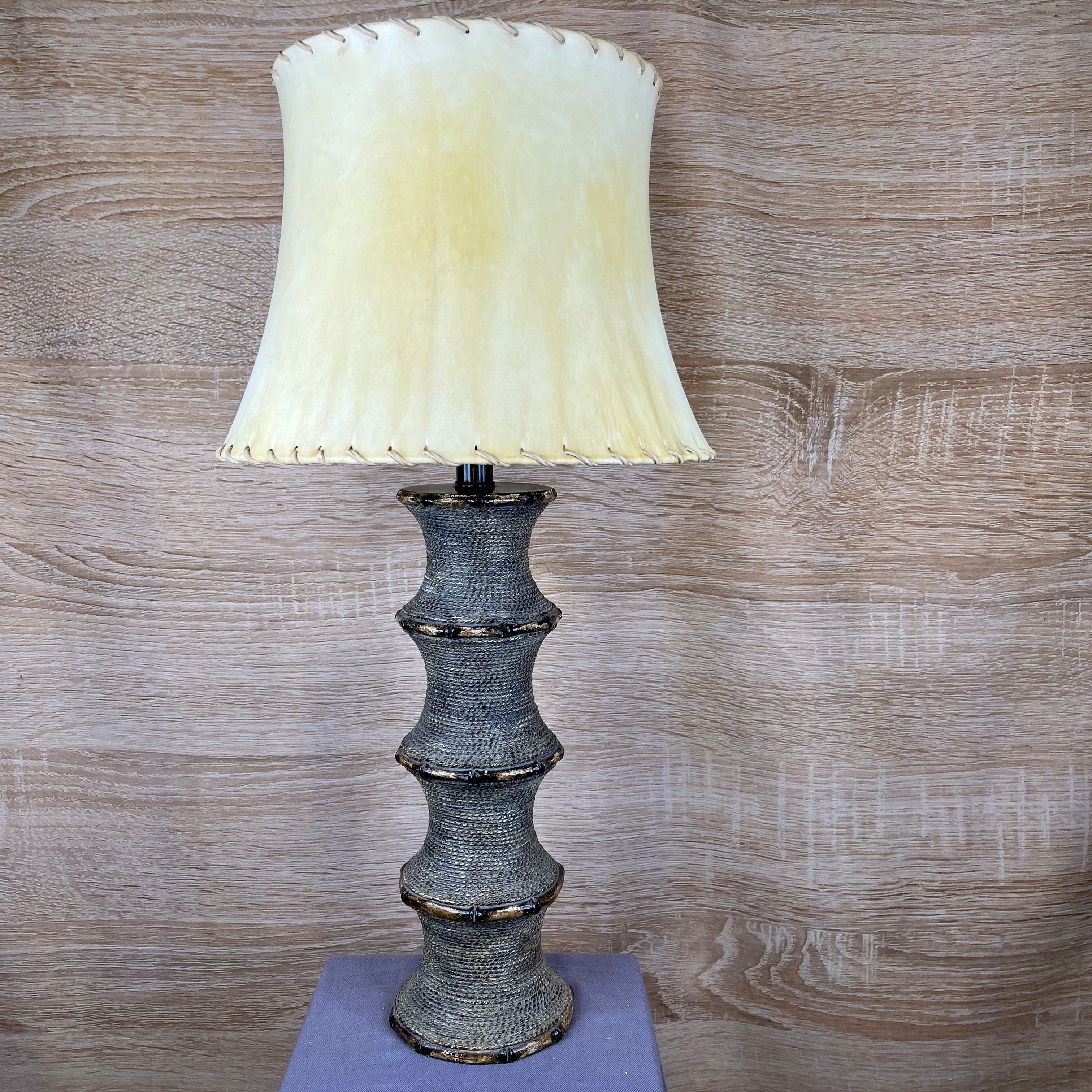 Faux Roped Bamboo Base with Raw Hyde with Leather Shade Table Lamp 16" Diameter @ Shade x 35"