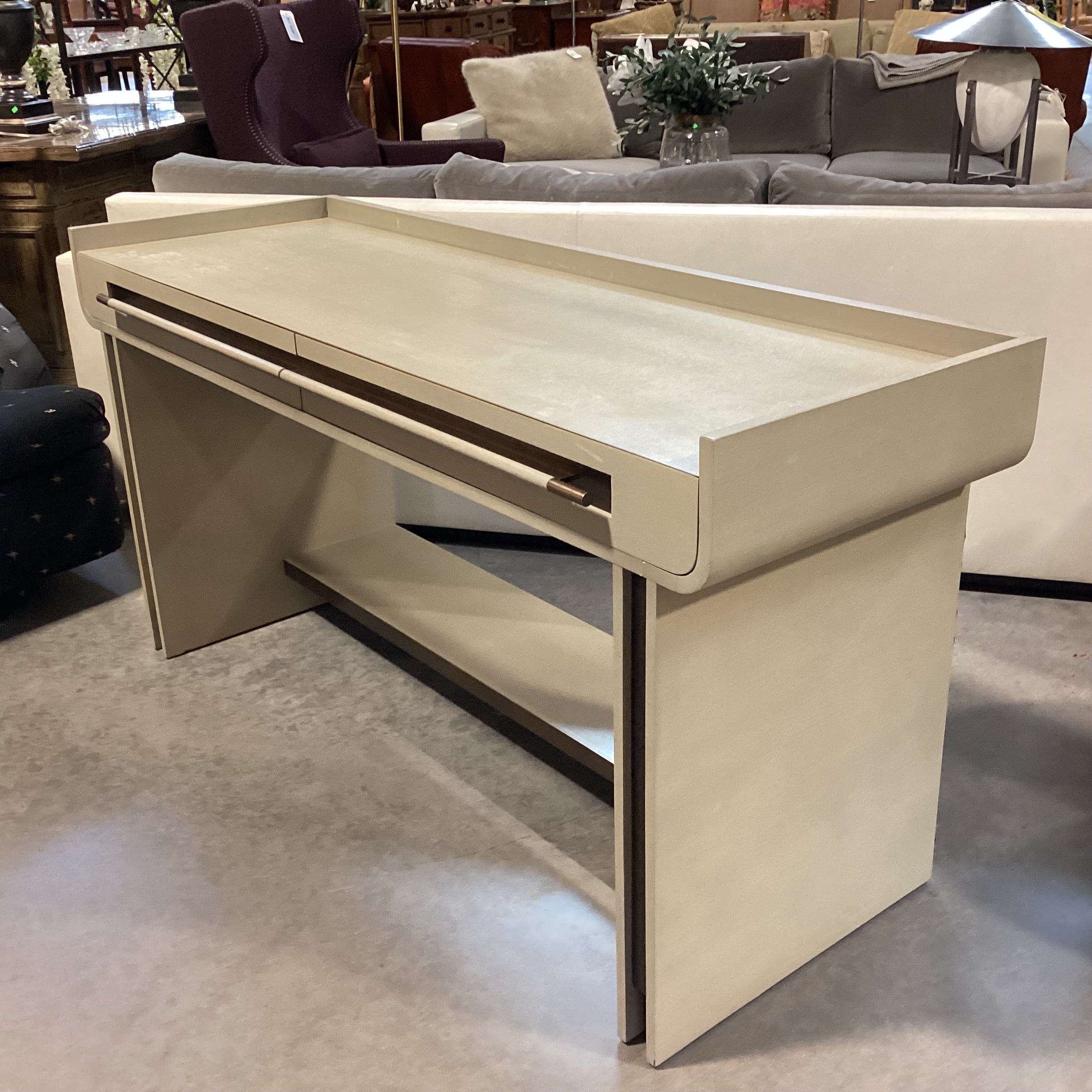 Barbara Barry for Baker Furniture Sage Grey Washed Wood & Veneer with Leather Lined Softclose Drawers Desk 62"x 22"x 32"