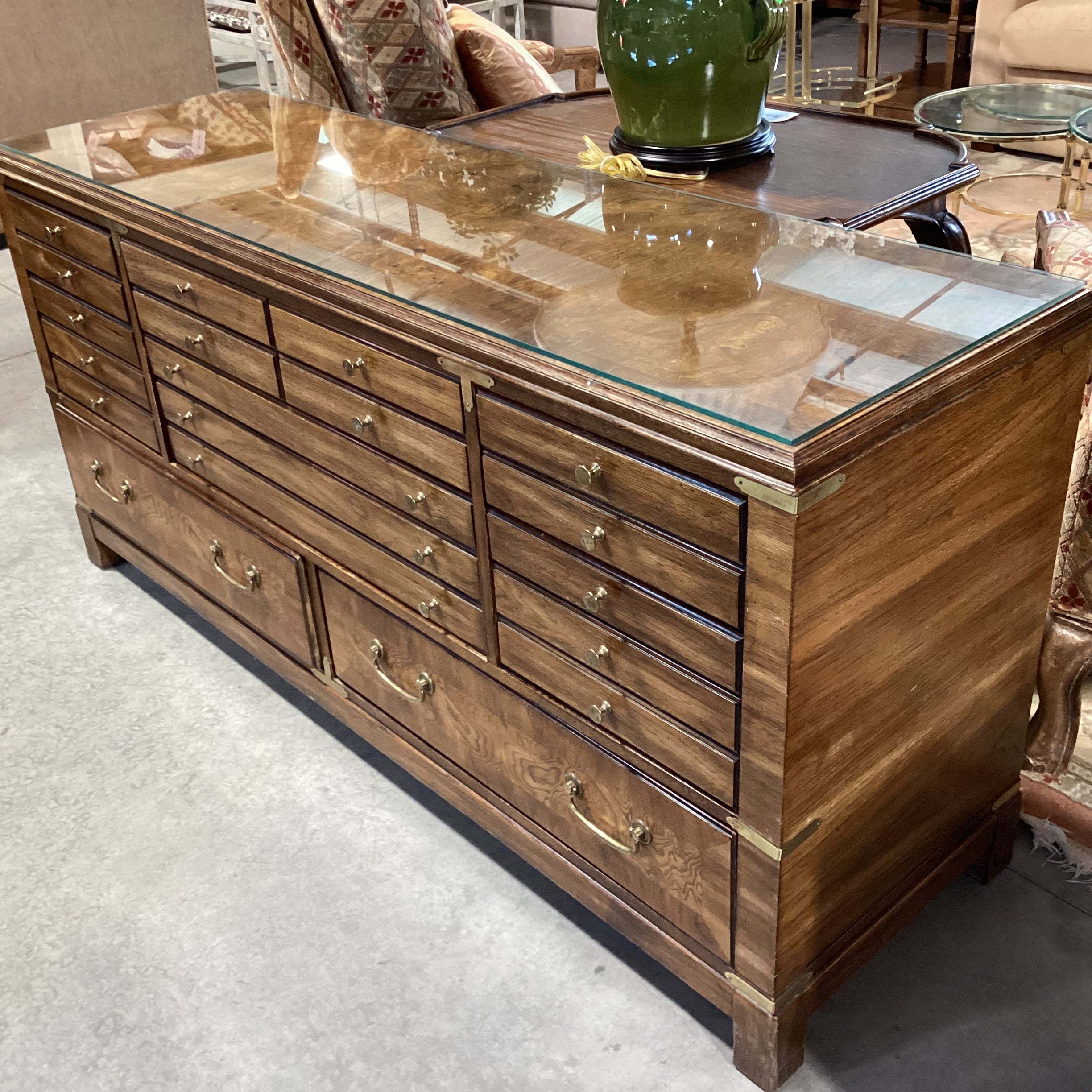 Vintage Lane Campaign Style Wood & Burl Veneer 8 Drawer with Brass Accent & Glass Top Dresser 64"x 19"x 30"