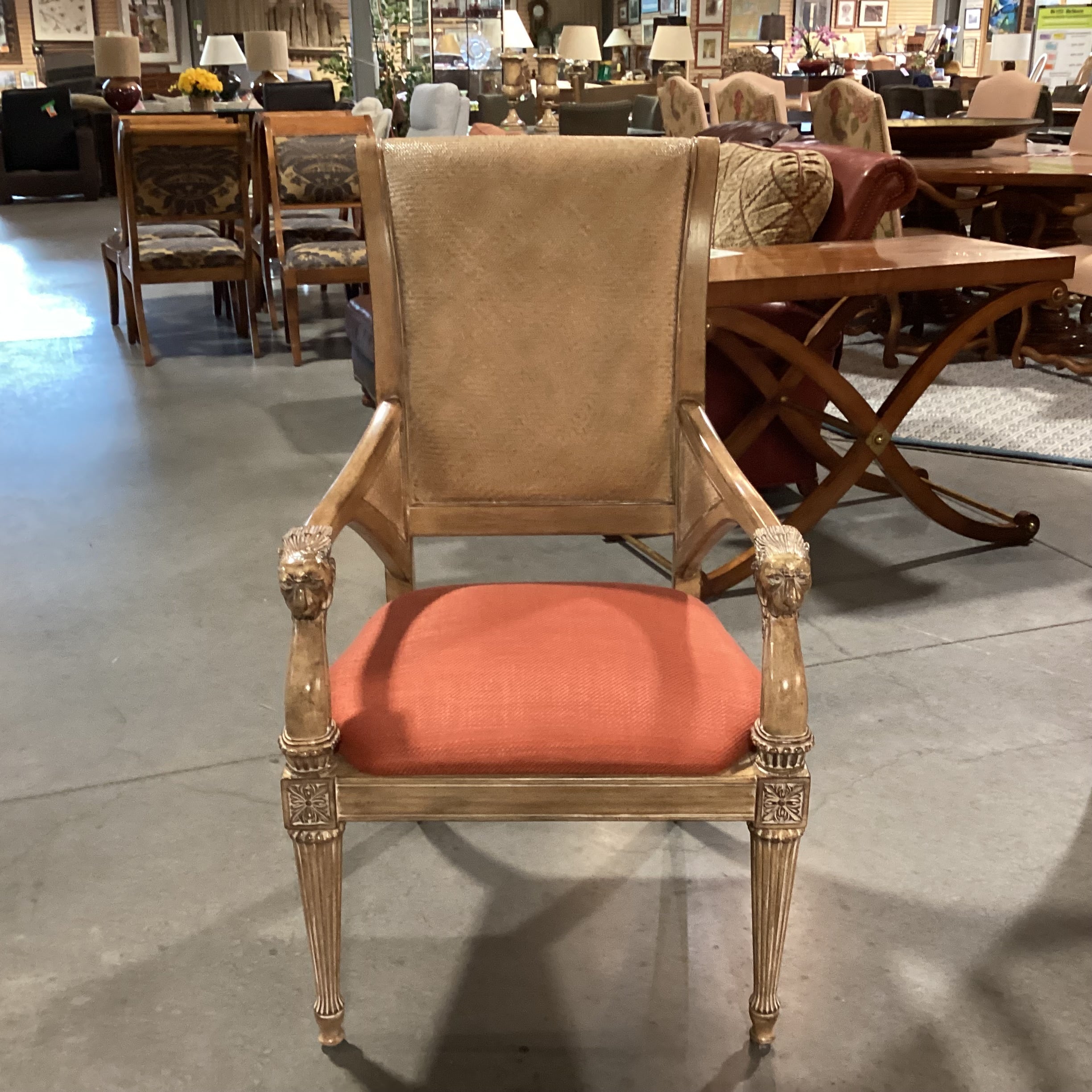 Carved Lionshead Antiqued Finish Wood Woven Leather & Burnt Orange Linen Chair 26"x 26"x 44"