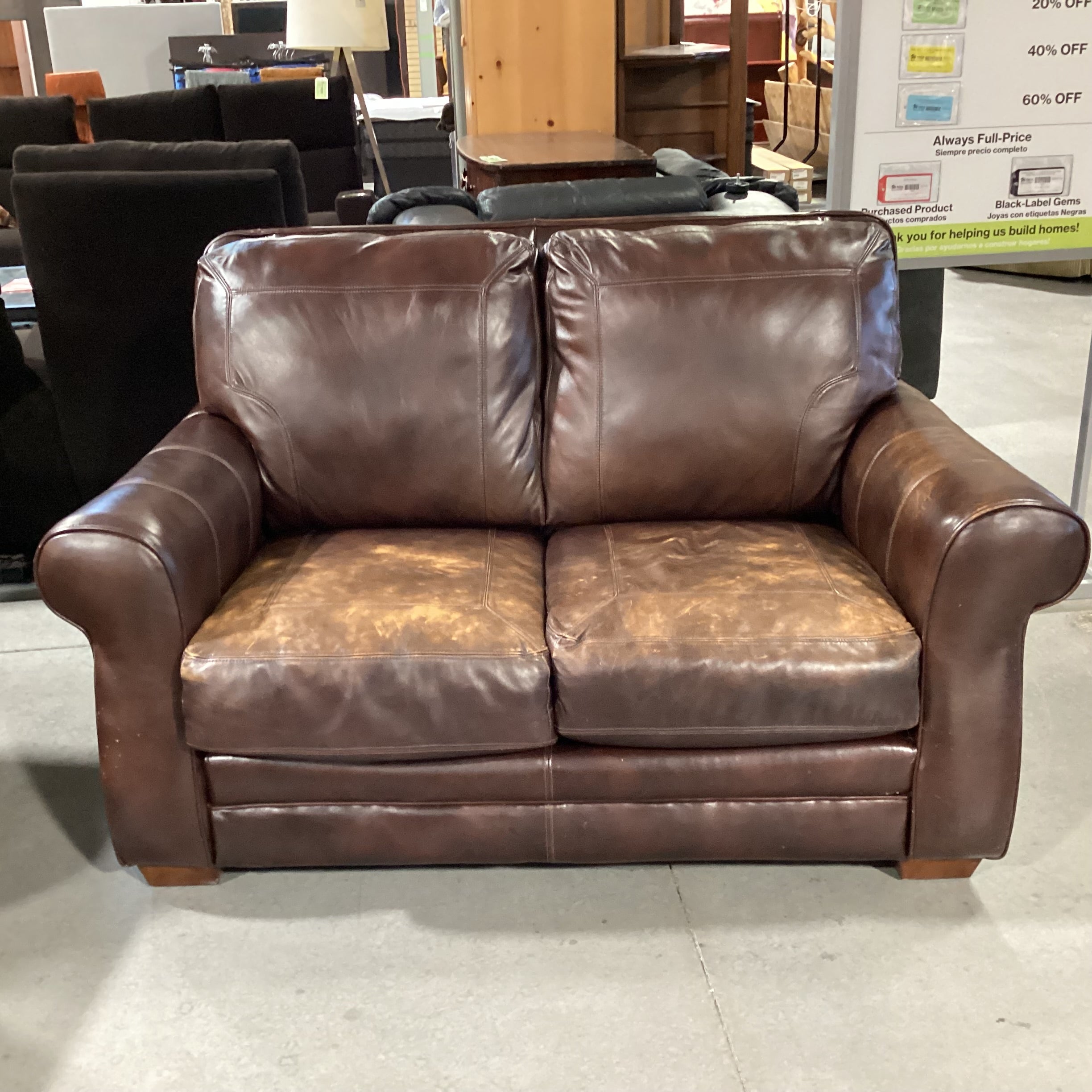 Brown Leather Loveseat Sofa 62"x 36"x 37"