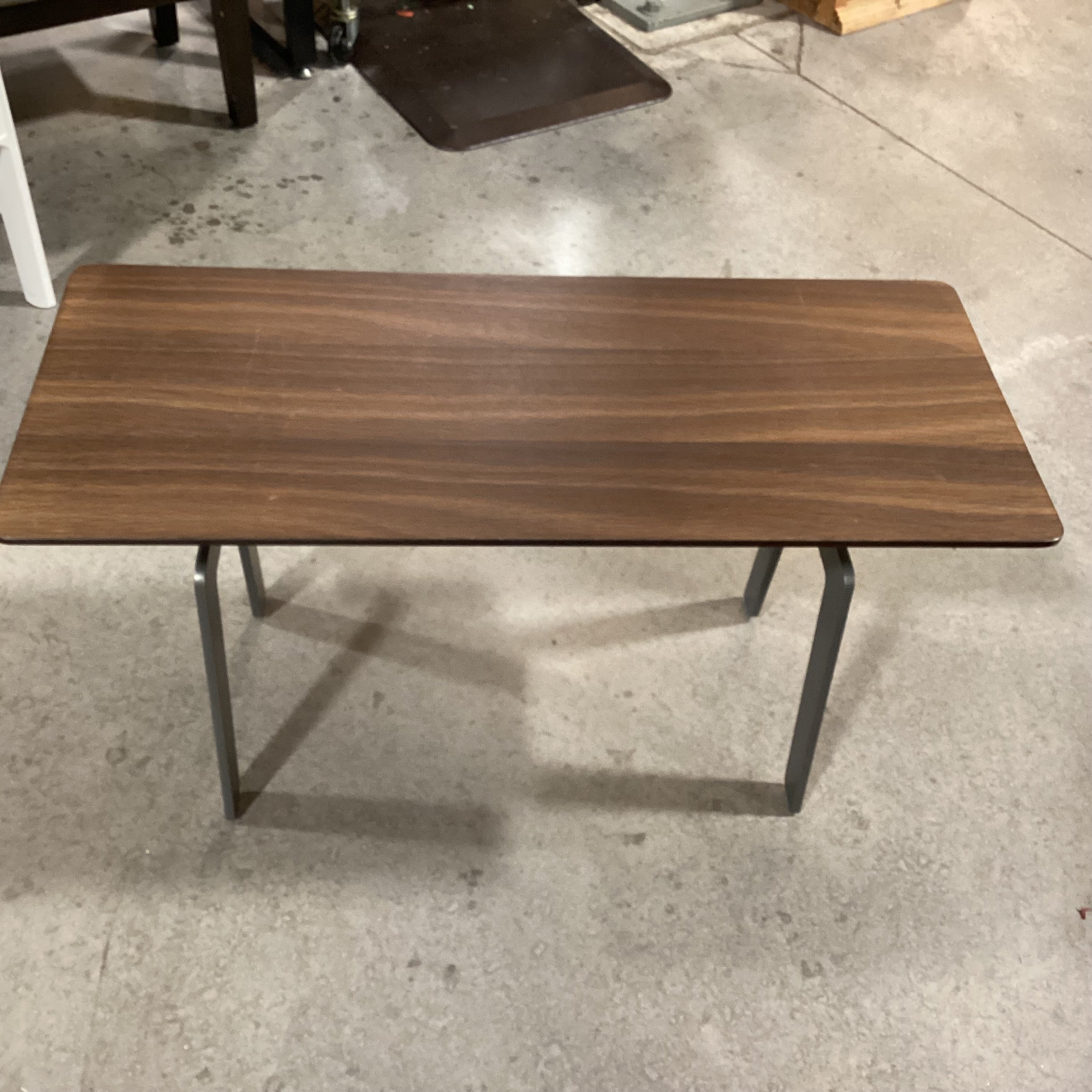 Poliform Italian Modern Walnut Veneer & Grey Steel Trestle Base Coffee Table 34.5"x 14.5"x 18"