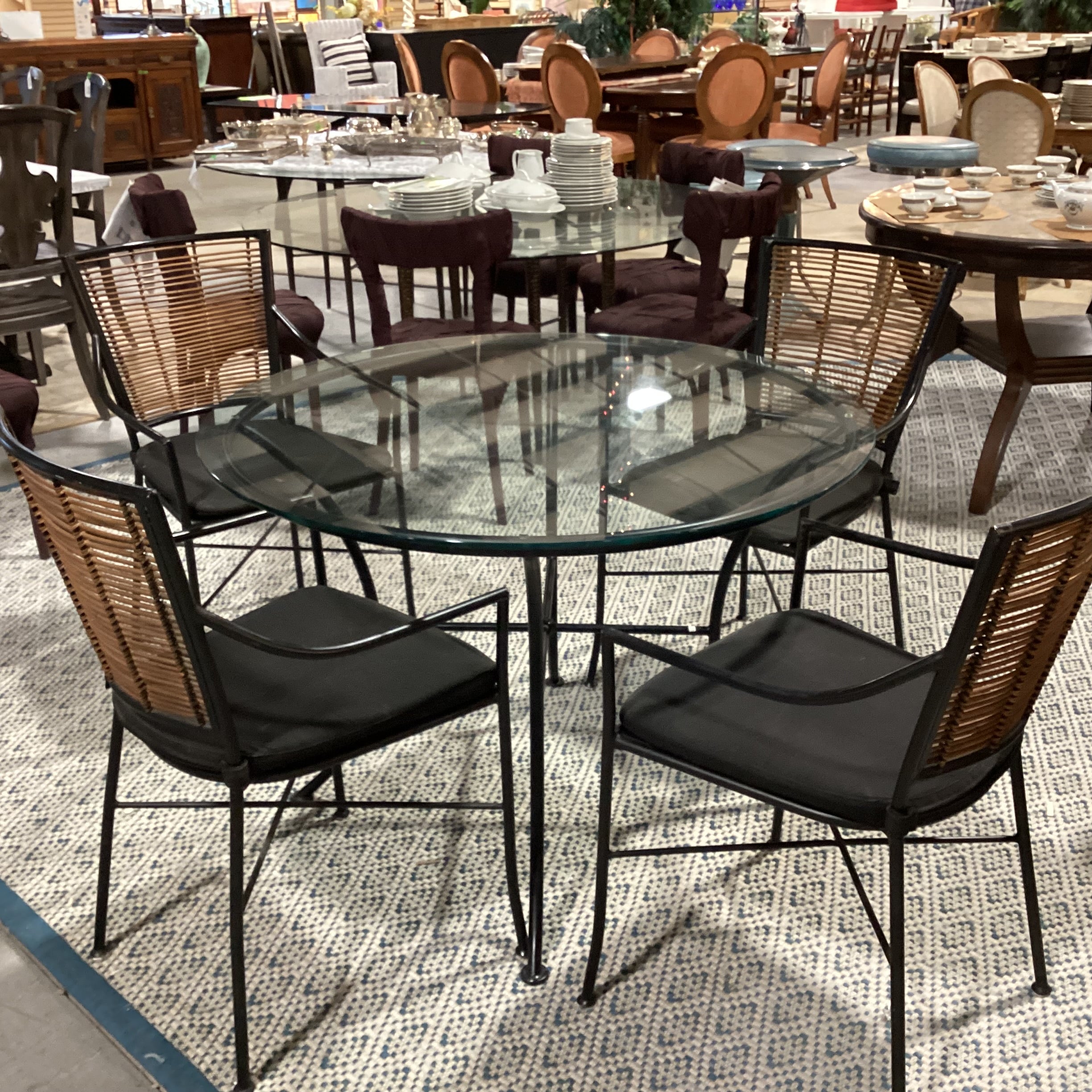 Round Iron & Glass Table with 4 Iron & Bamboo Chairs Dining Set 42" Diameter x 29.5"