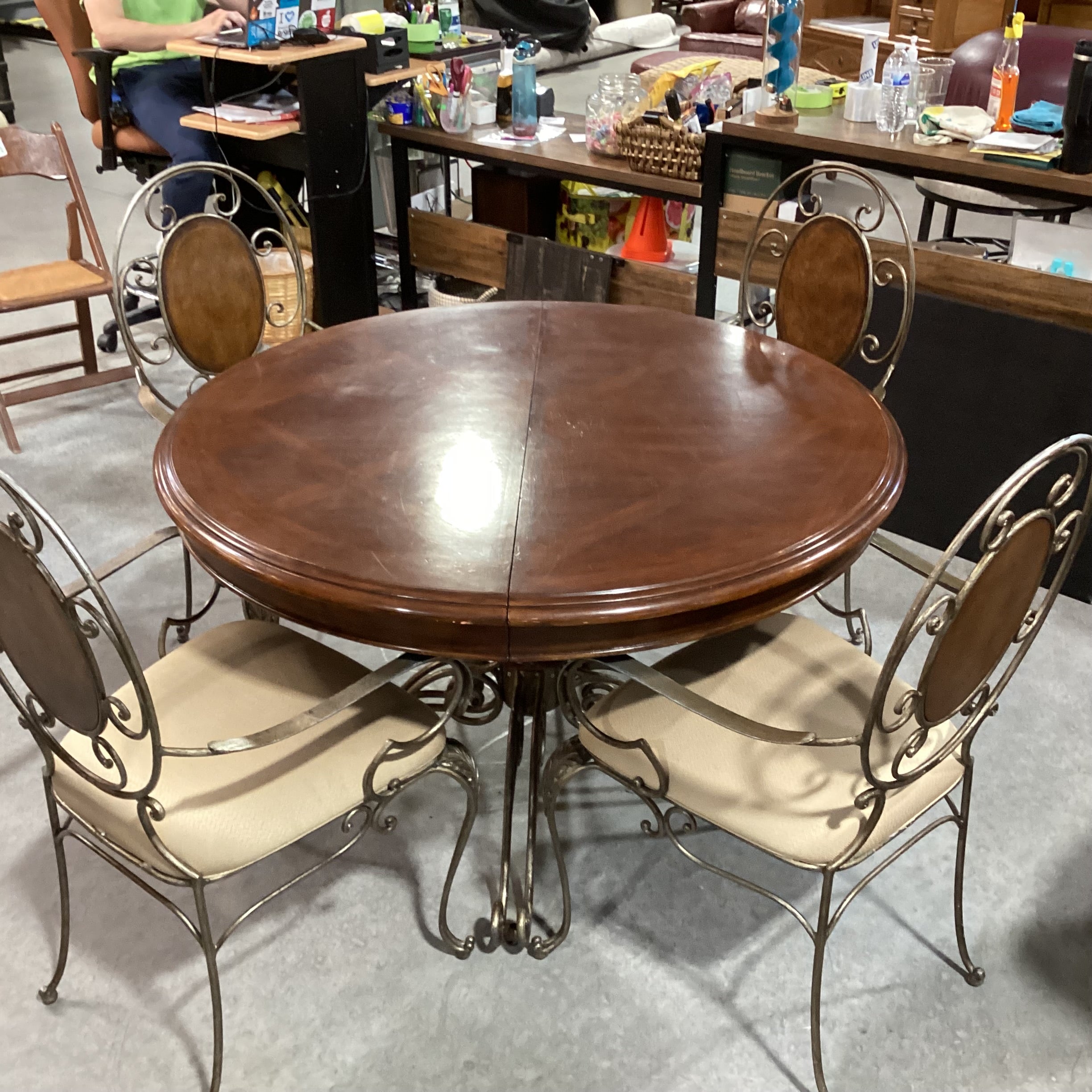 Round Finished Wood & Iron Table with 4 Chairs Dining Set 48" Diameter x 30"