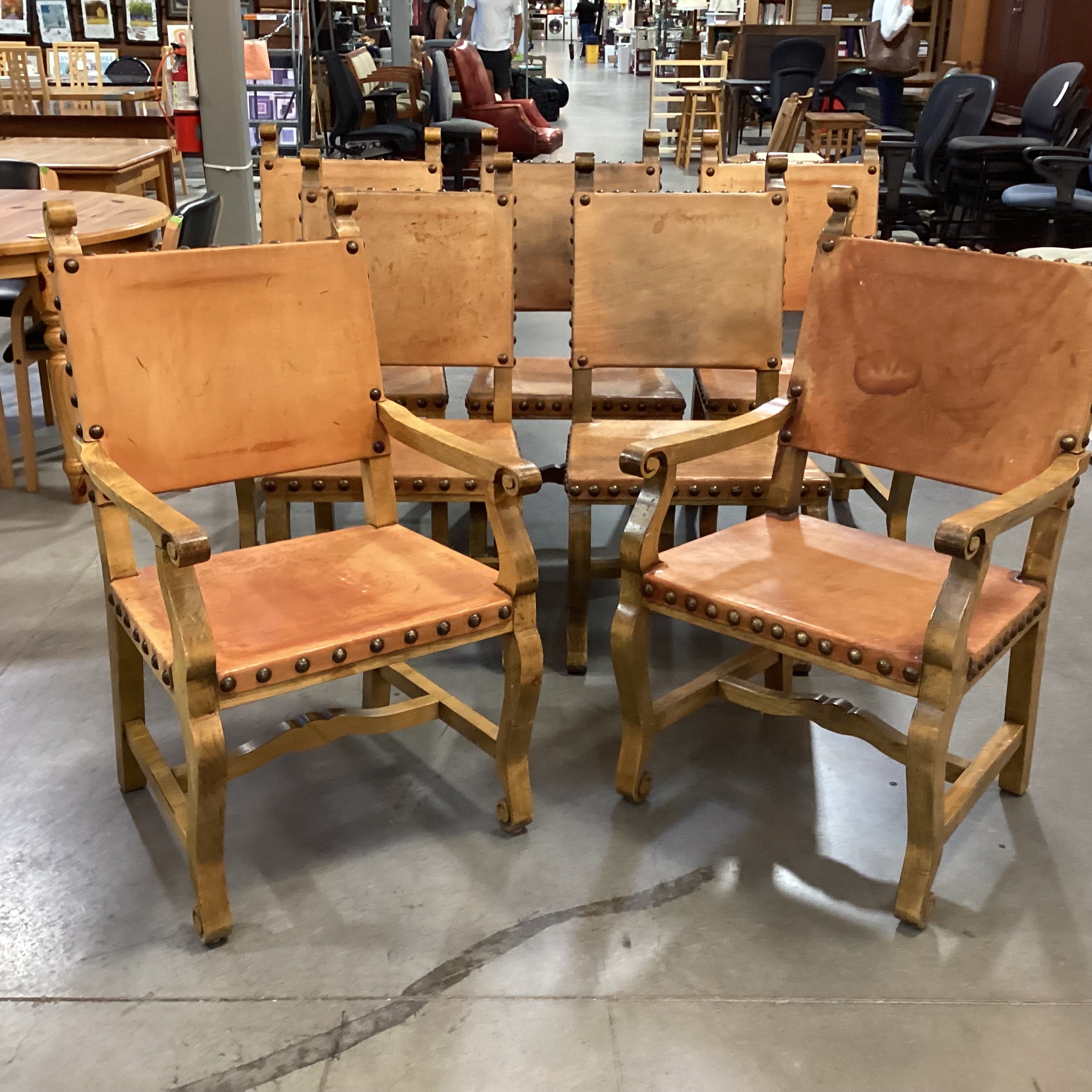 Set of 7 Carved Wood & Leather Nail Head Rustic Dining Chairs 23"x 24"x 41"