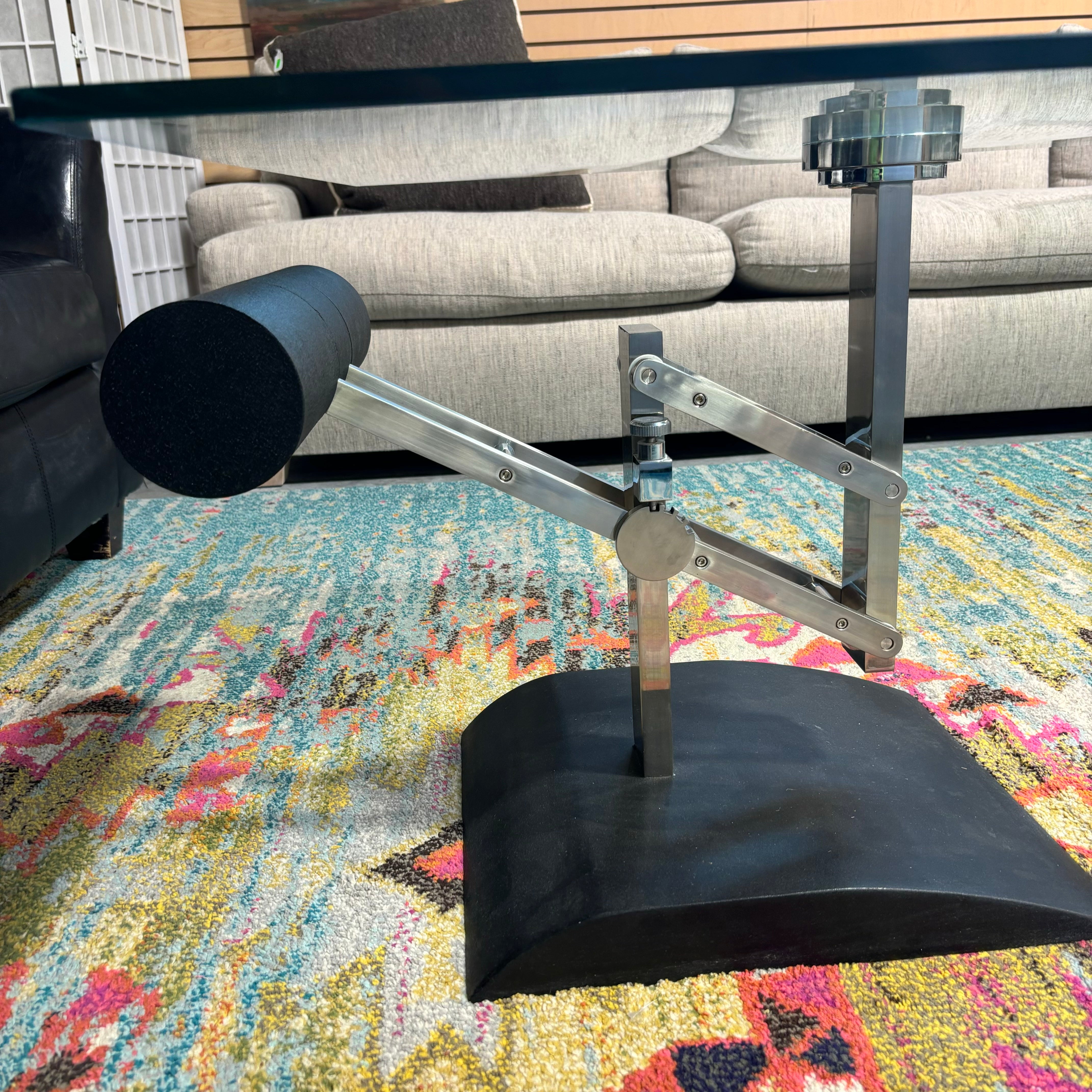 Black & Stainless Steel Adjustable Height Glass Top End Table 34"x 34"x 21.5" to 30"