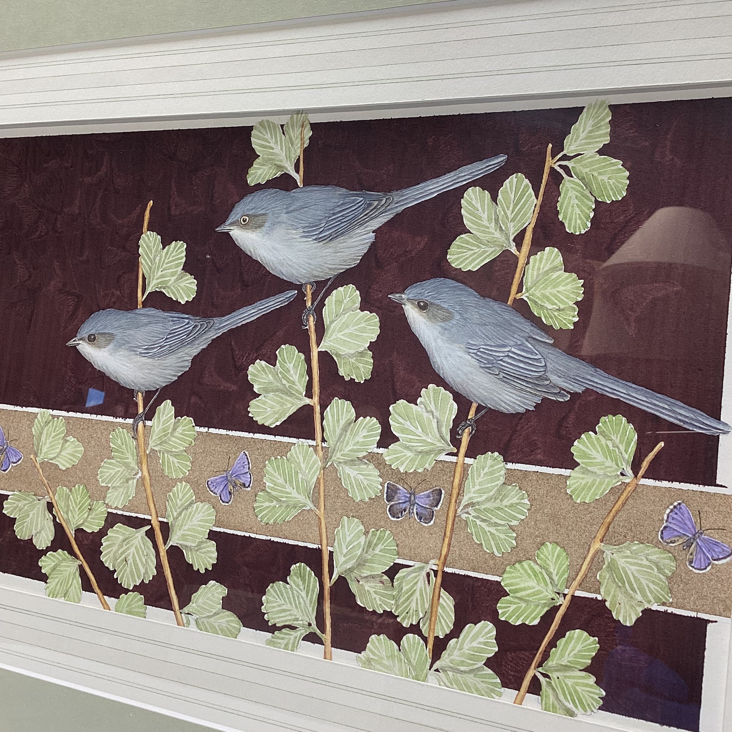 Radeaux Signed Birds and Butterflies Watercolor Original In Silver Frame 21.5" x 14.5"
