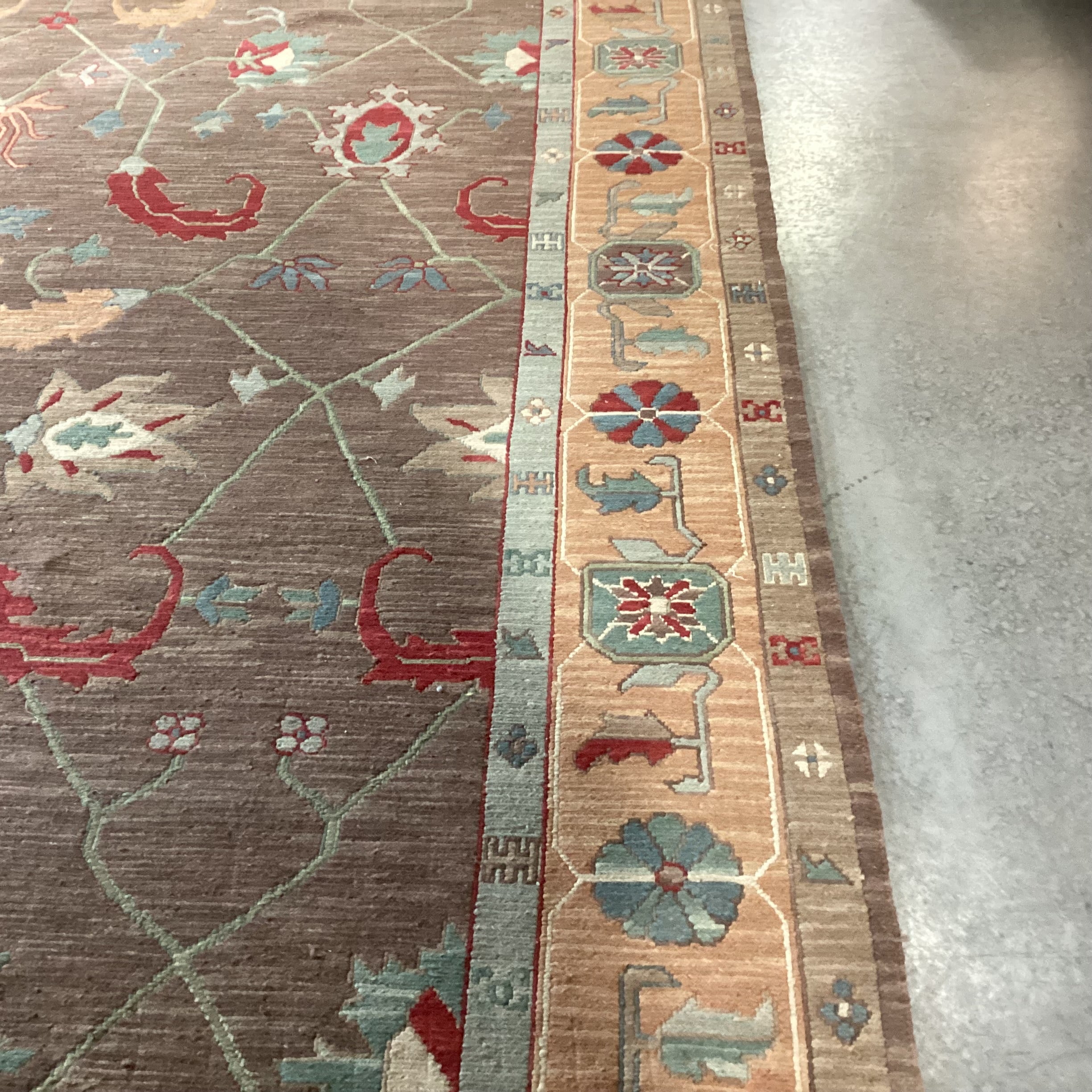 Taupe Peach Red & Teal Floral with Border Hand Woven Wool Rug 9'1"x 12'1"