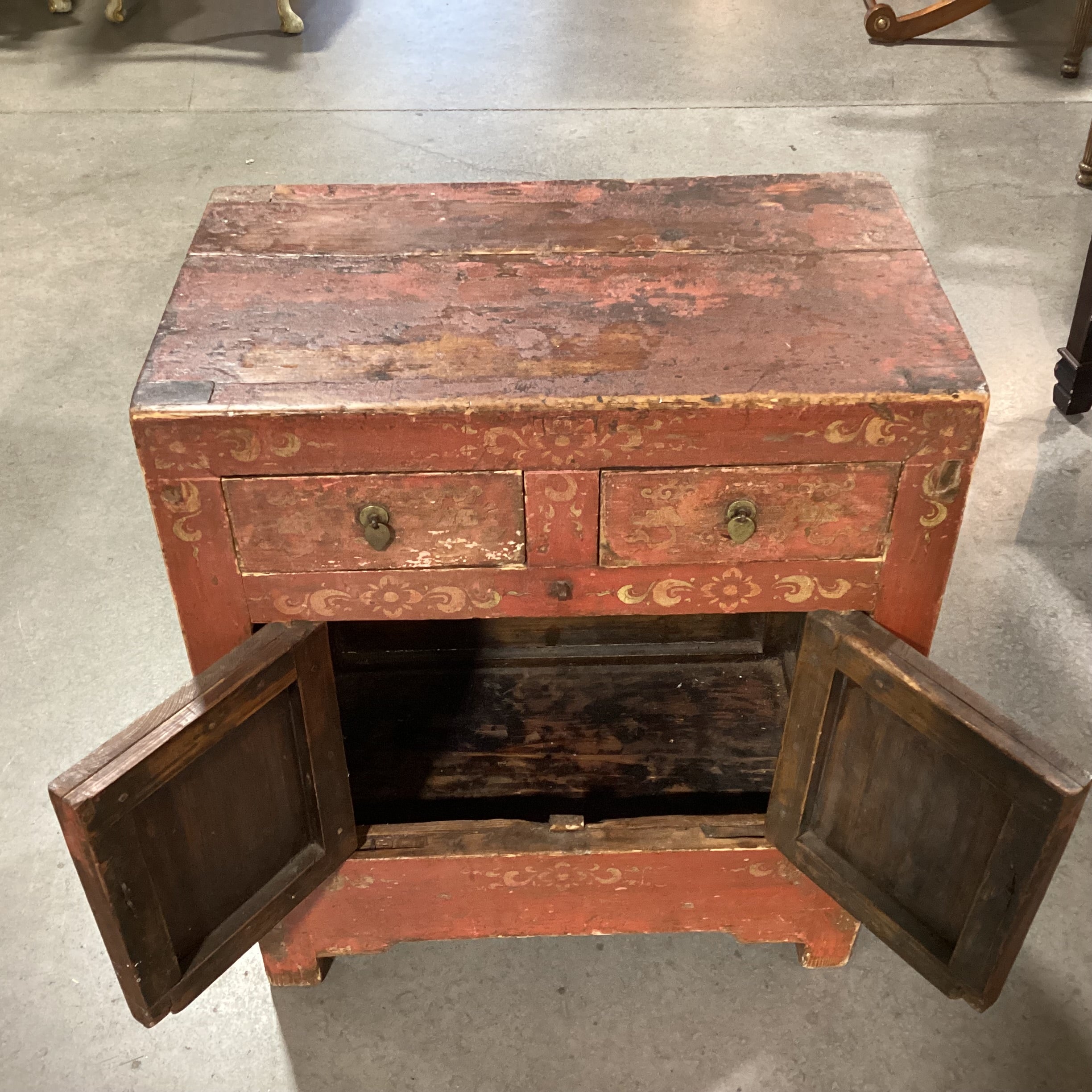 Vintage Antique Asian Carved Wood Red & Gold Painted 2 Drawer 2 Door Cabinet End Table 22"x 13.5"x 26"