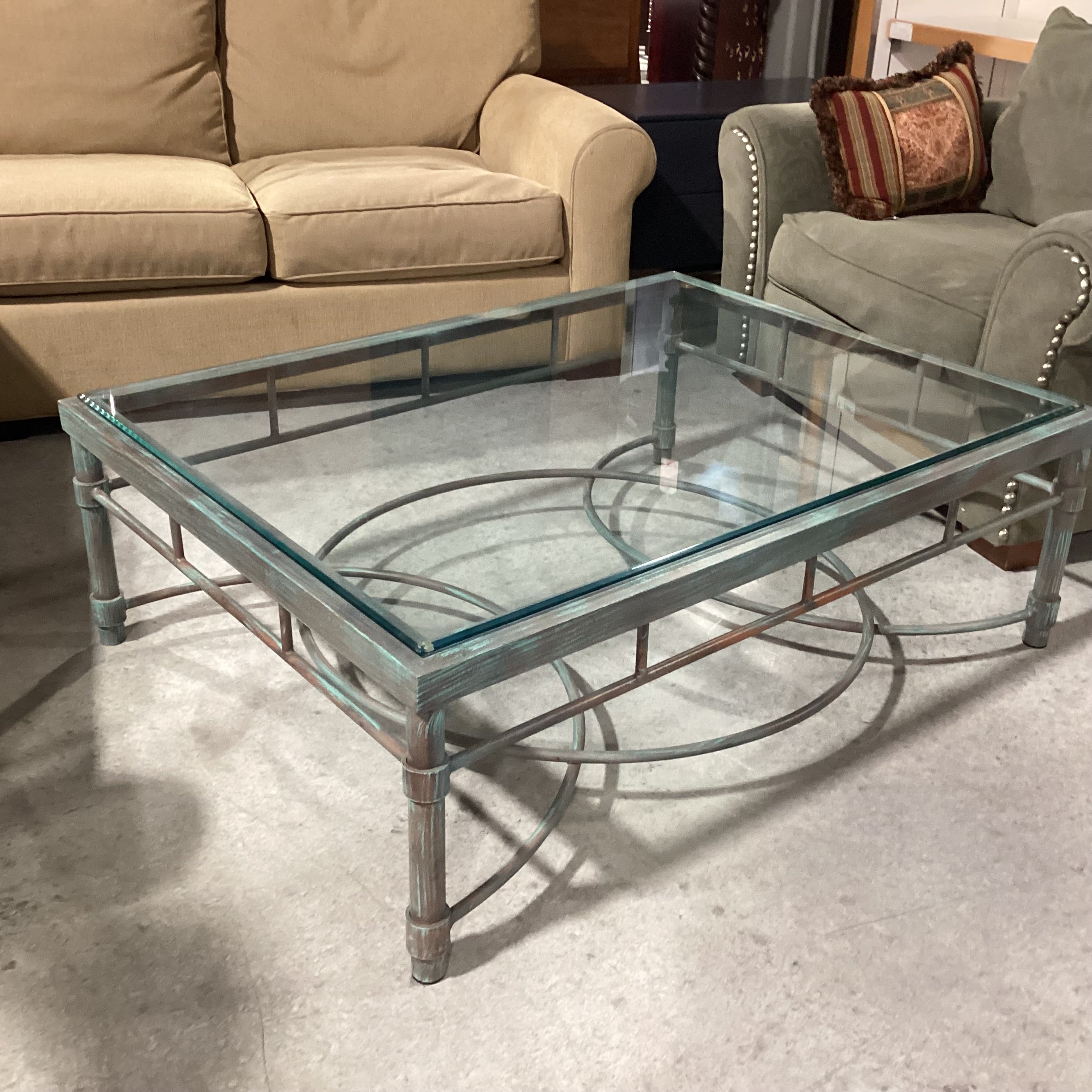 Metal with Verdigris Like Finish Glass Top Coffee Table 48"x 36"x 17"