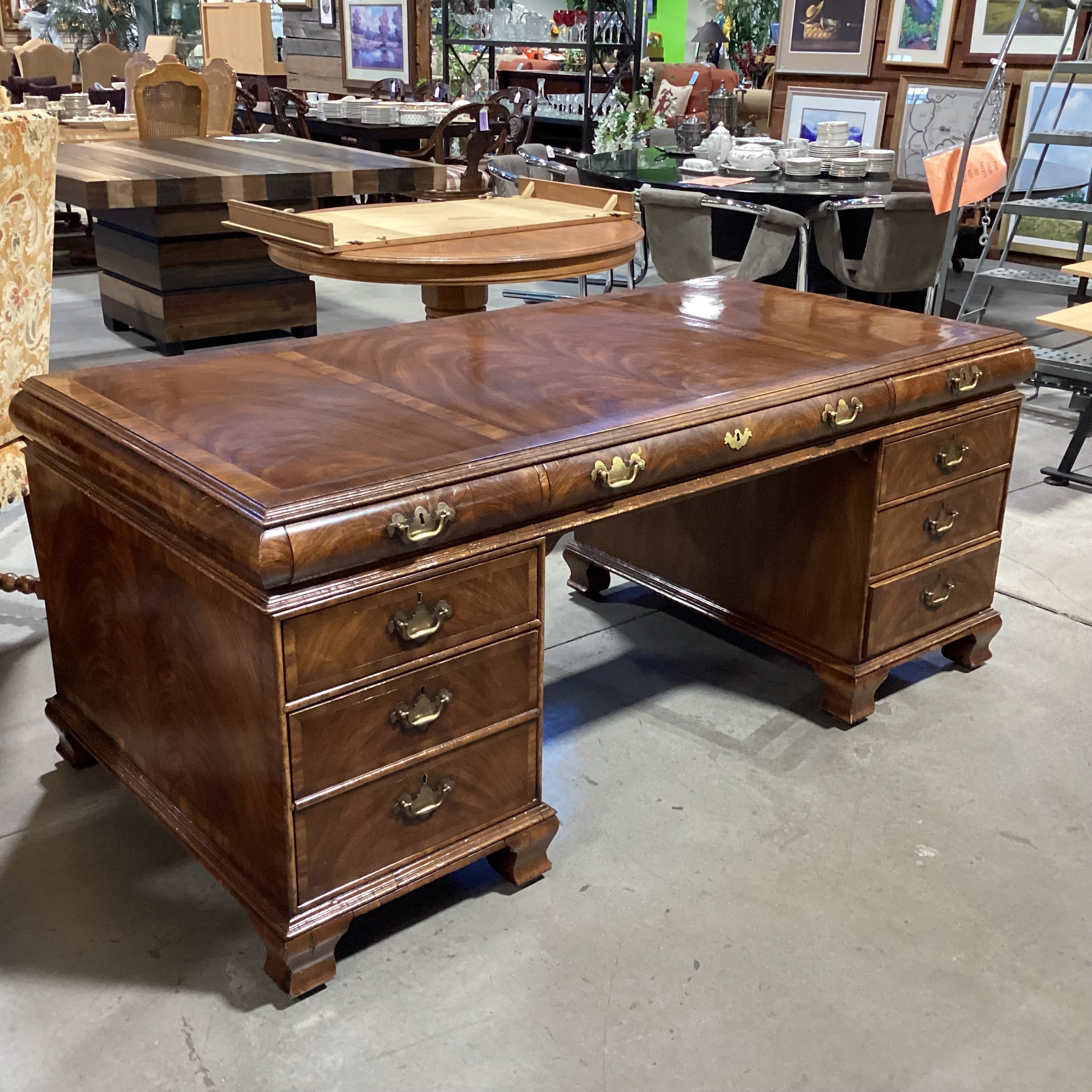 Alfonso Marina Ebastina Delaware Antiqued Primavera Wood & Brass 8 Drawer Desk 73"x 36"x 31"