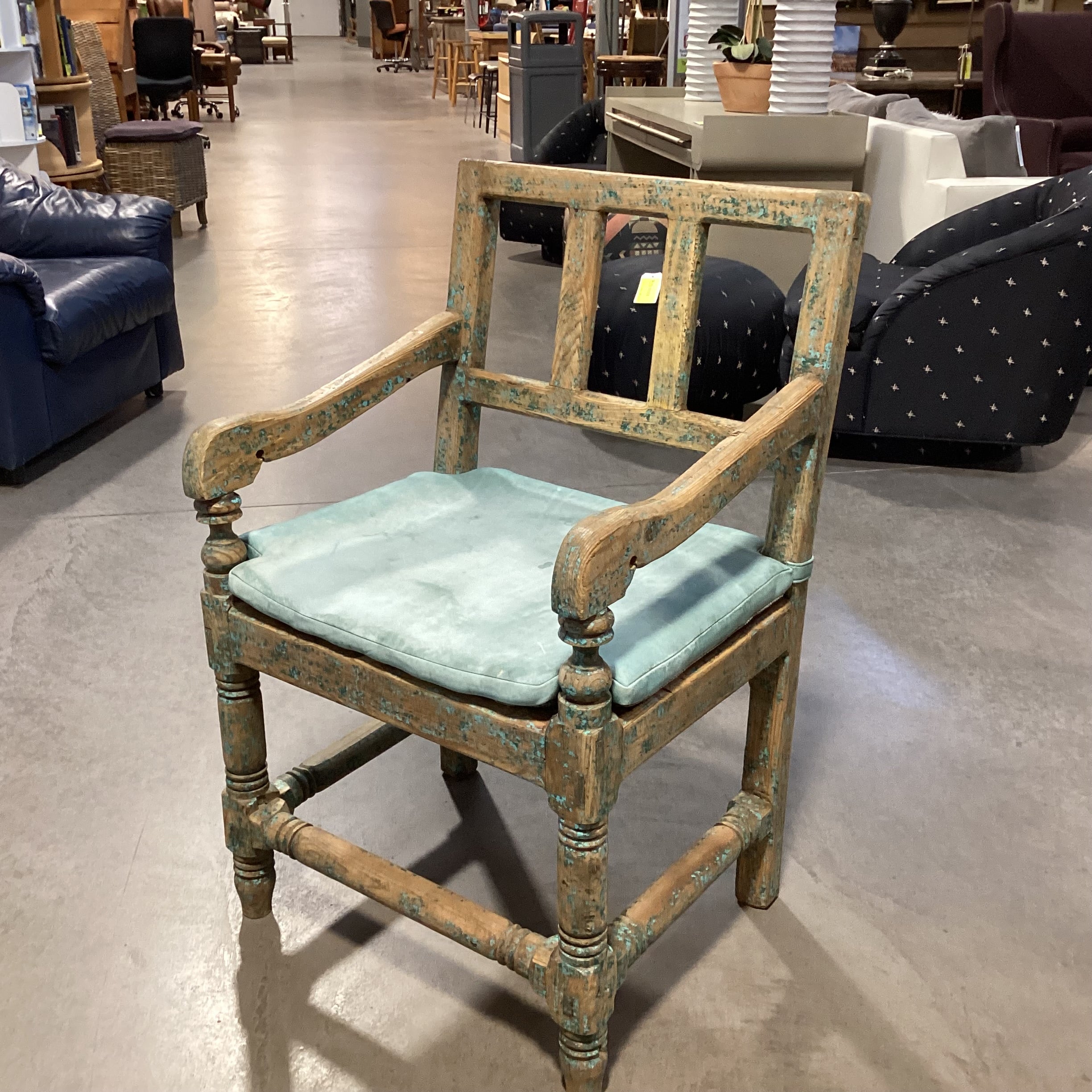 Santa Fe Style Carved Wood with Teal Distressing & Leather Cushion Chair 22.5"x 22"x 37"