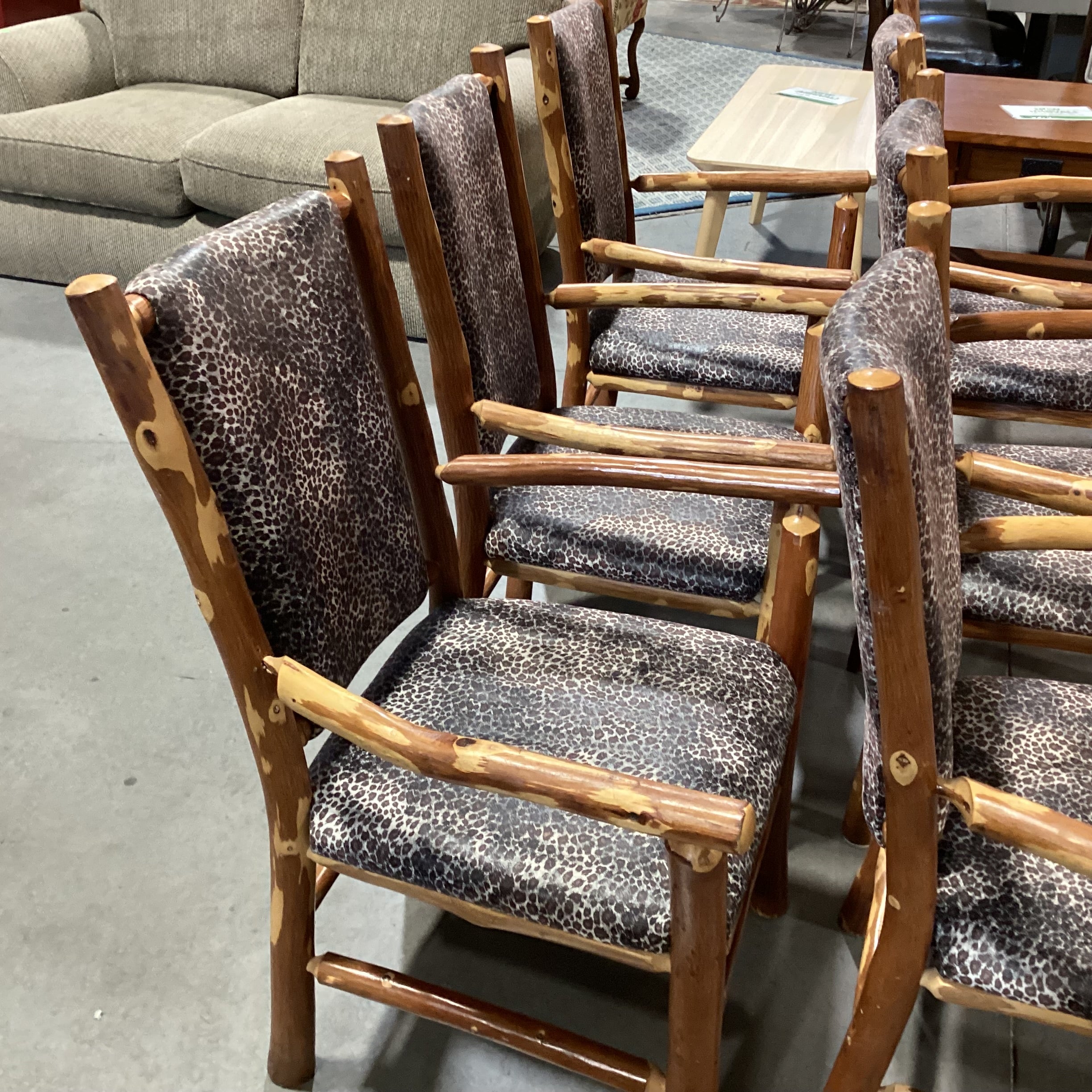 SET of 6 Peeled Style Log & Animal Print Armed Dining Chairs 24"x 24"x 39"