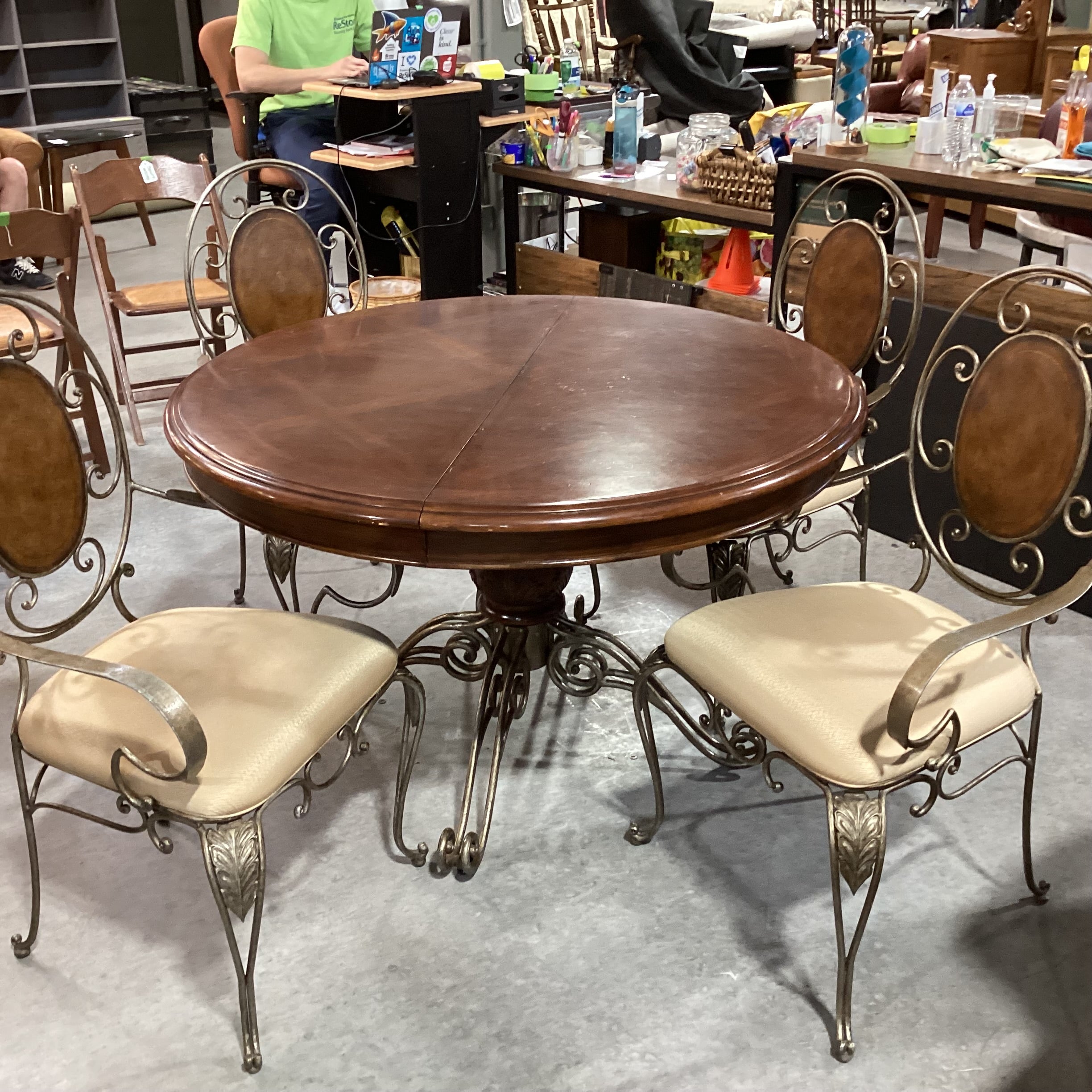 Round Finished Wood & Iron Table with 4 Chairs Dining Set 48" Diameter x 30"
