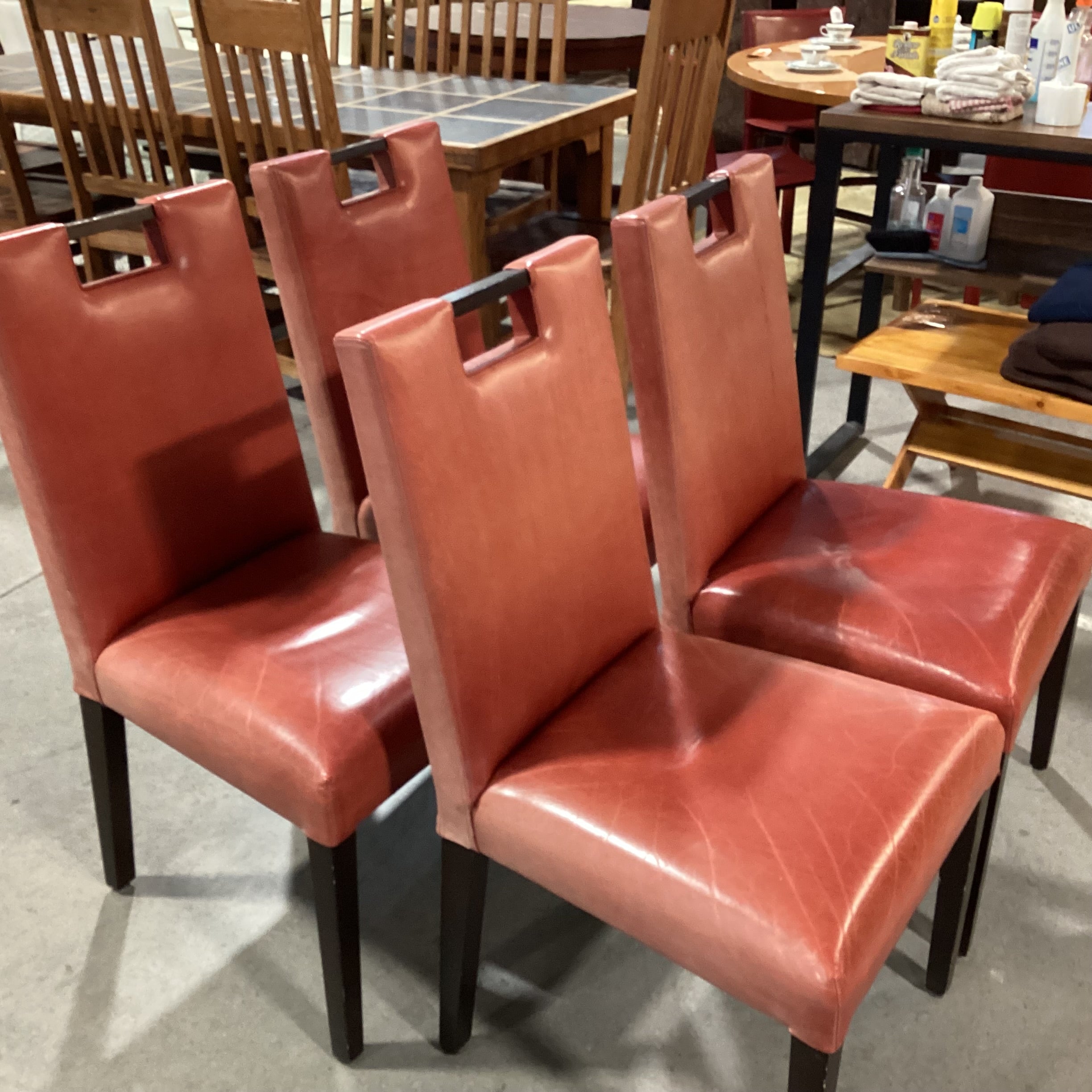 SET of 4 Adriana Hoyos Salmon Leather with Wood & Handle Back Dining Chairs 22"x 22"x 40"