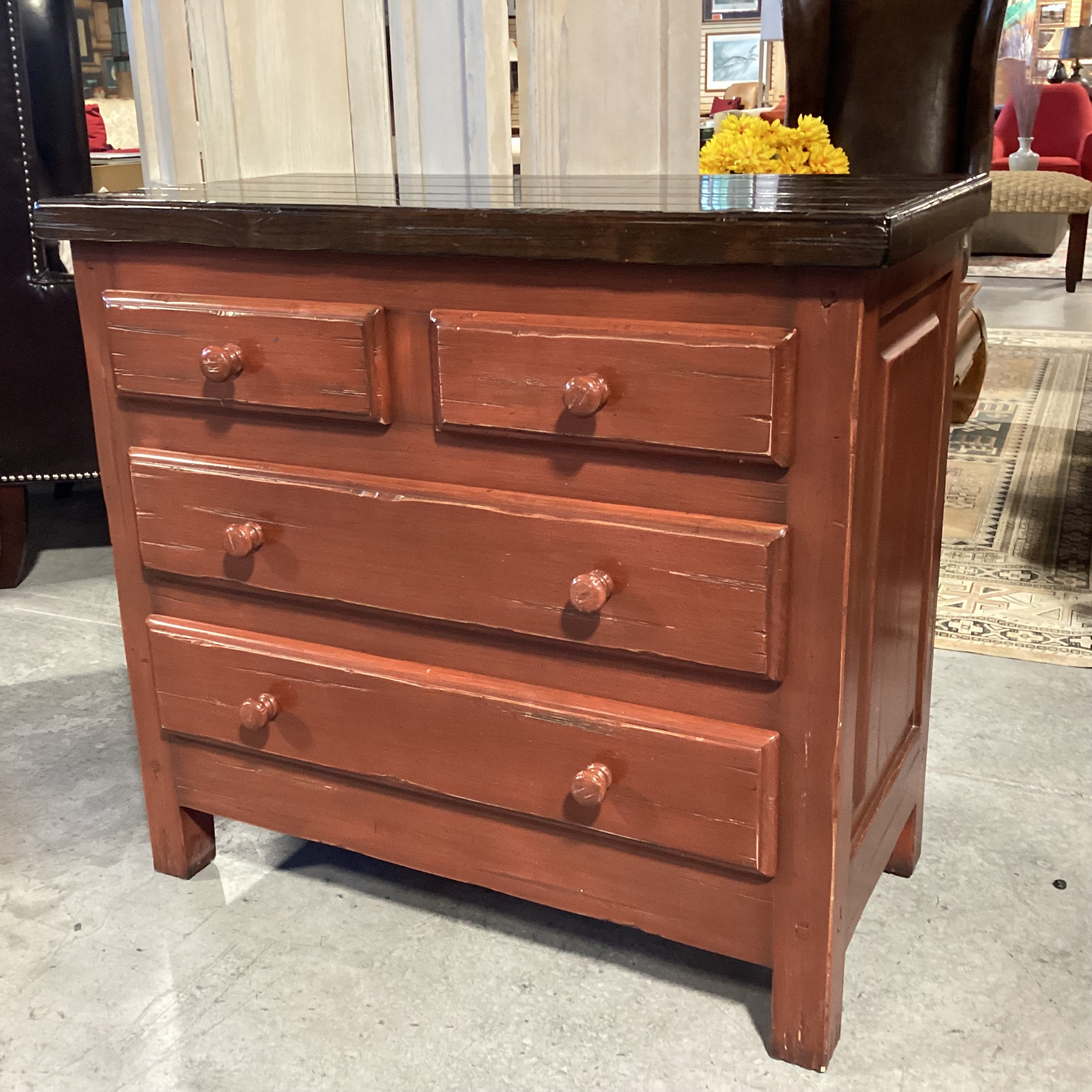 Red & Brown Distressed Finish Solid Wood 4 Drawer Chest 36"x 18"x 32.5"