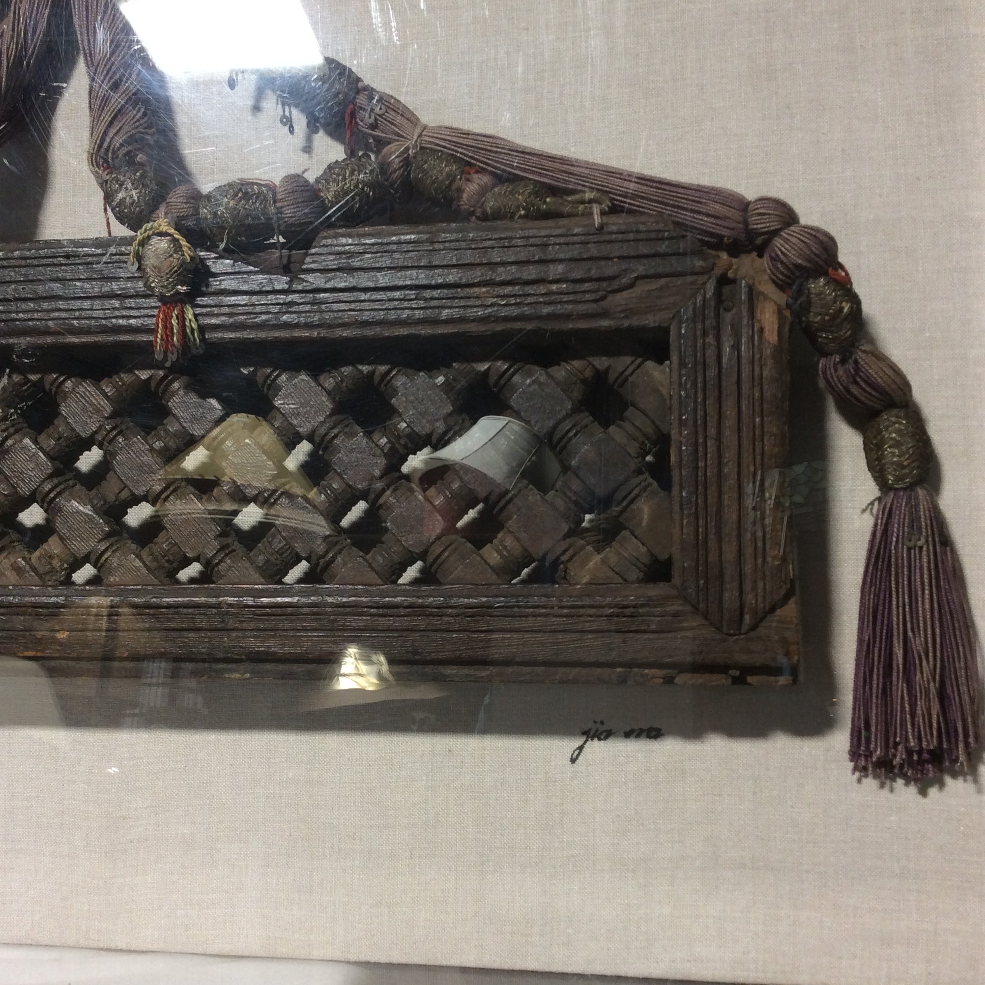 Antique Hand-Carved Wood With Ornamental Fabric Hanger/Attachment In Plexiglass Shadow Box 36" x 25"