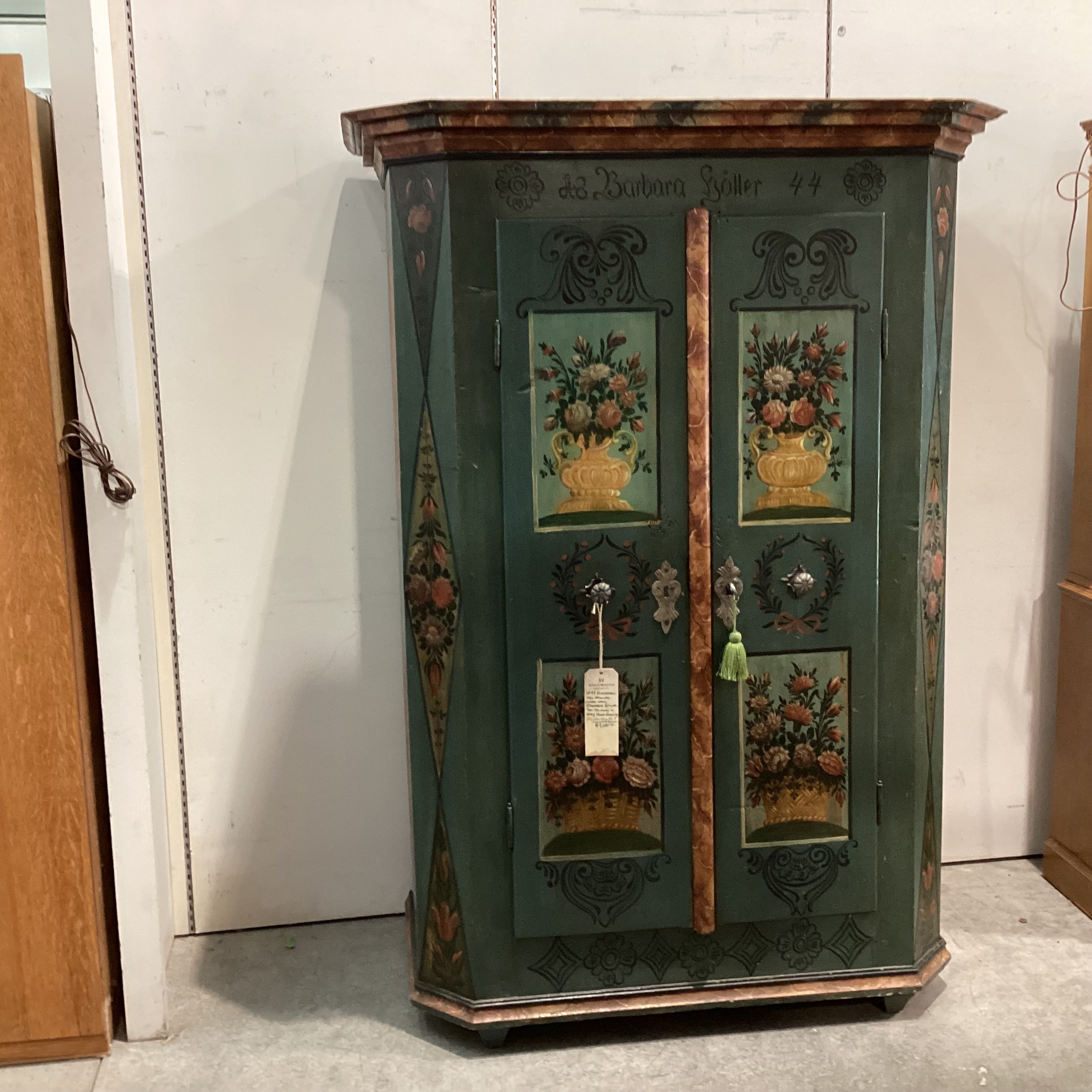 Antique Austrian Kitzbuhel Carved Wood & Hand Painted Floral 2 Door Armoire 50"x 26"x 71"