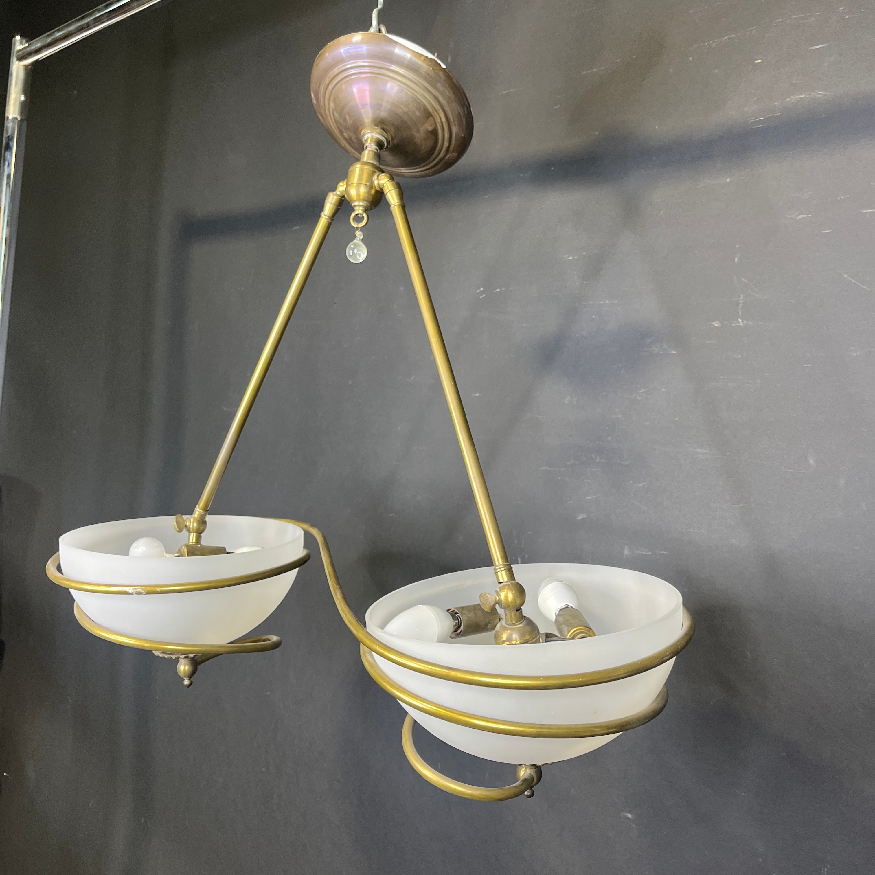 Antique Style 6-Light Ornate Swirl Brass and Plastic Linear Chandelier 28”x 11”x 26”