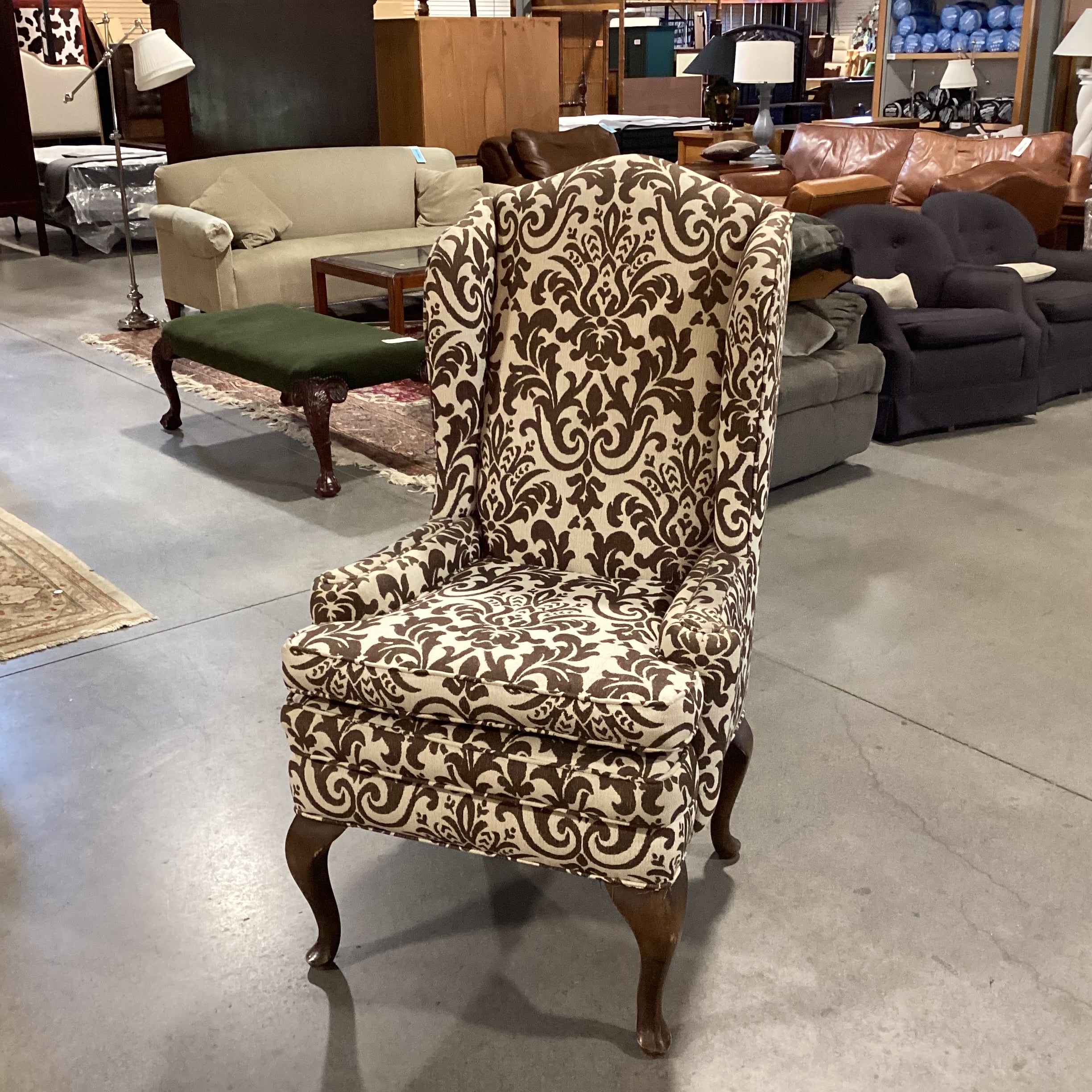 Custom Cream Brown Scroll Floral with Carved Legs Highback Wing Chair 30"x 30"x 50"