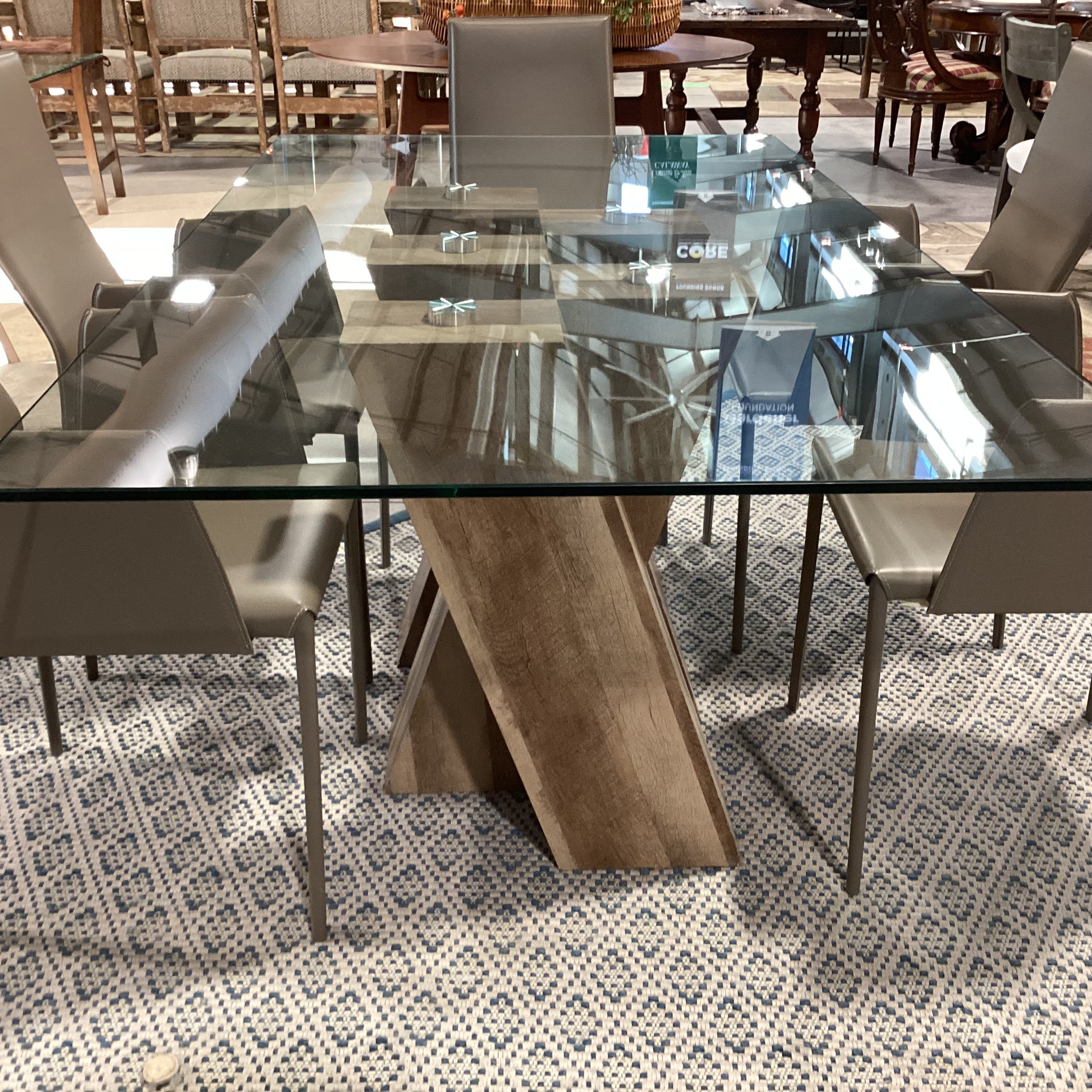 Modern Simulated Wood Grain Finish & Glass Table with 6 Taupe Regenerated Leather Wrapped Chair Dining Set 71"x 39"x 30"