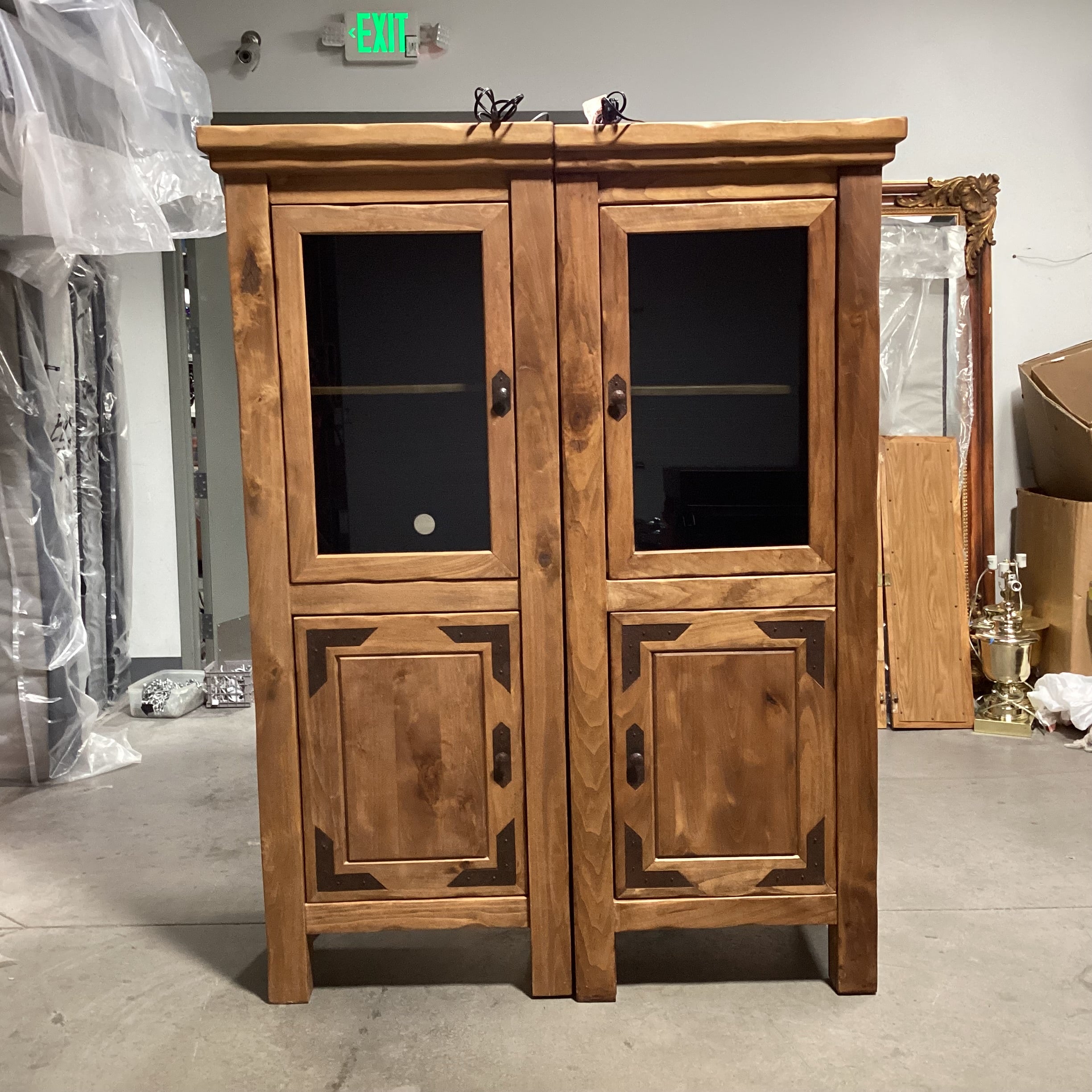 SET of 2 Solid Rustic Wood 4 Door with Shelves Double Lighted Cabinet Bookcase 57"x 23"x 75"