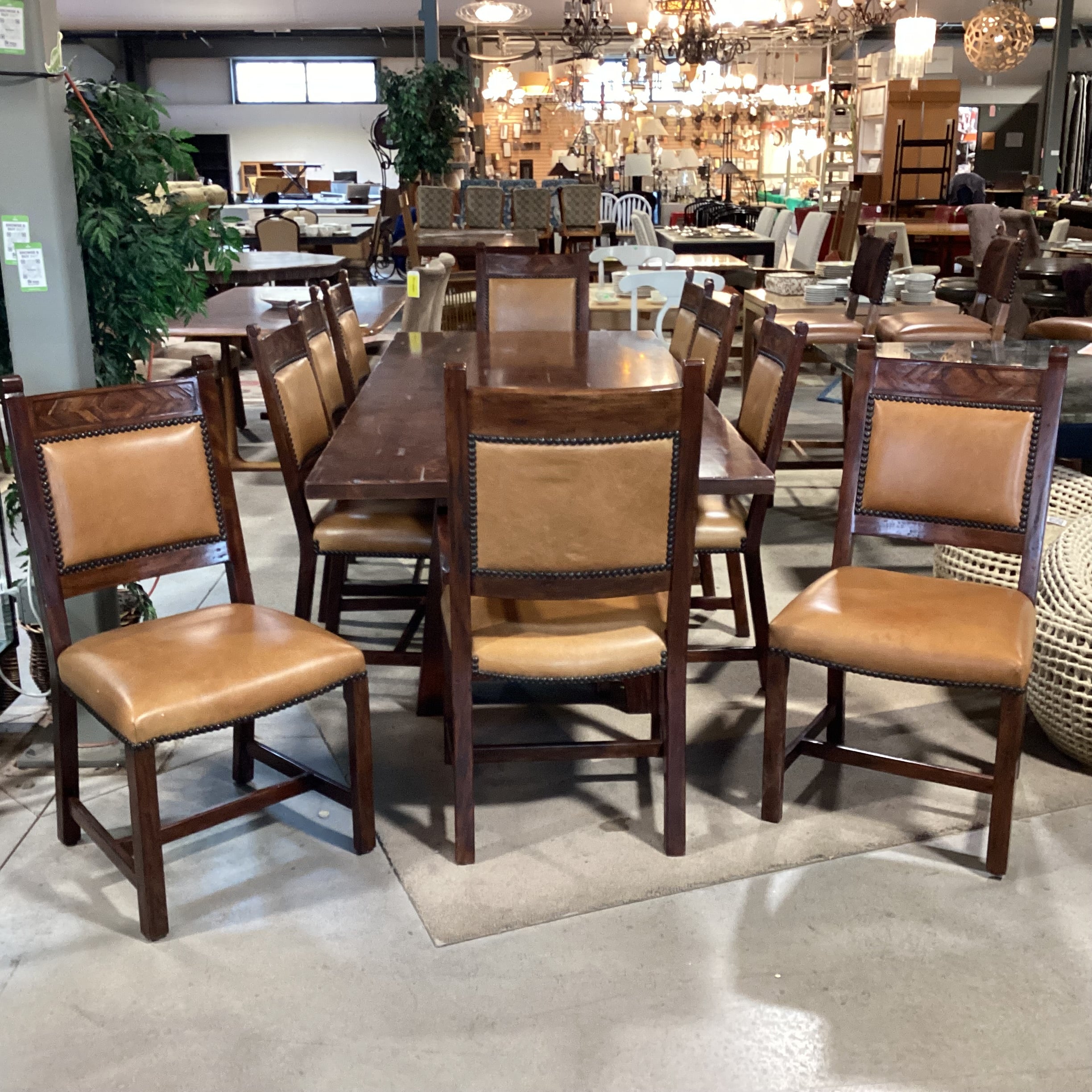 Theodore Alexander Rustic Distressed Trestle Table & 10 Leather Nailhead Carved Wood Chairs Dining Set 108"x 44"x 31"