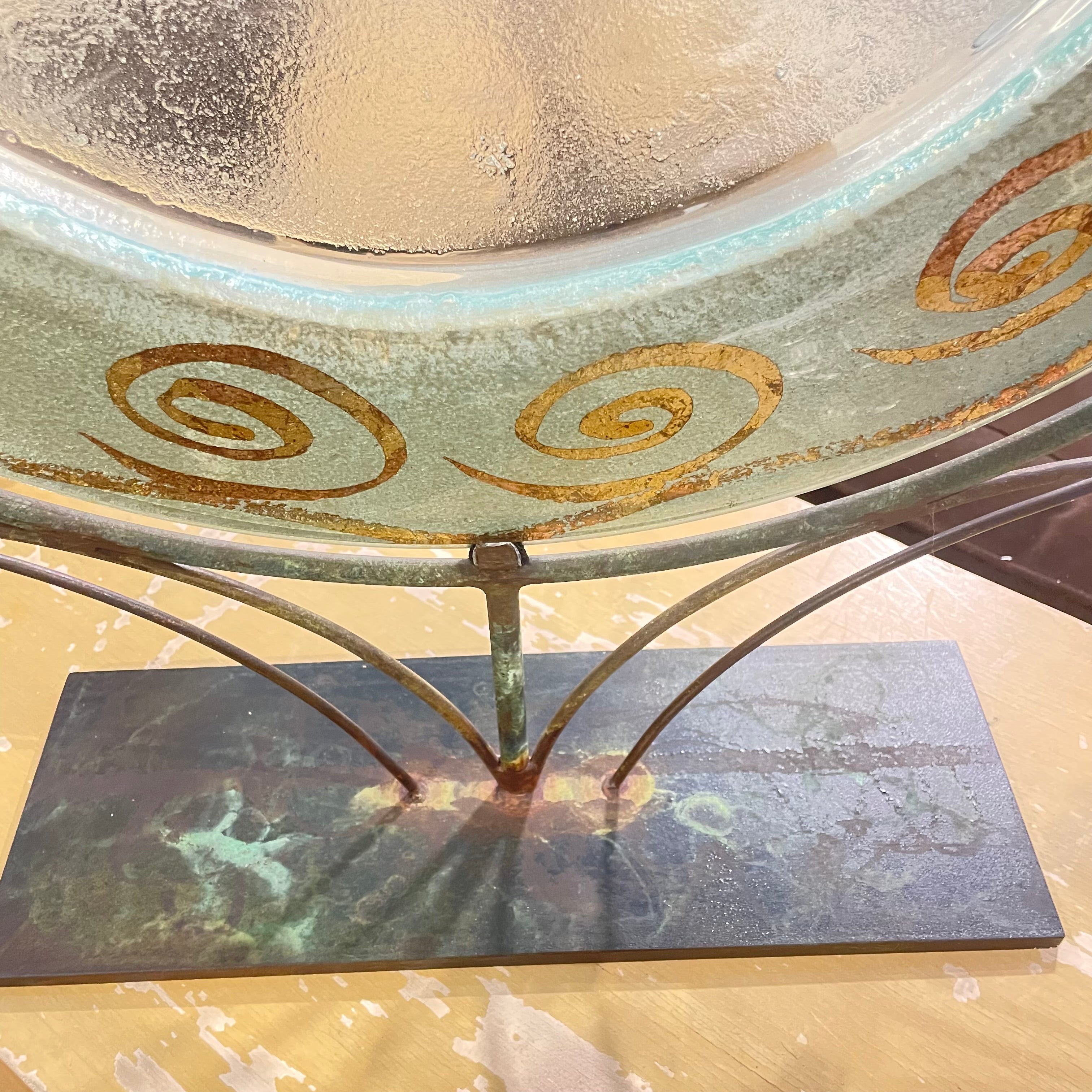 Tony Evans Signed Hand Blown, Handpainted Art Glass Gold Swirls on Turquoise Rim Charger  with Heavy Modern Iron Stand/Pedestal, 24"x 29.5"