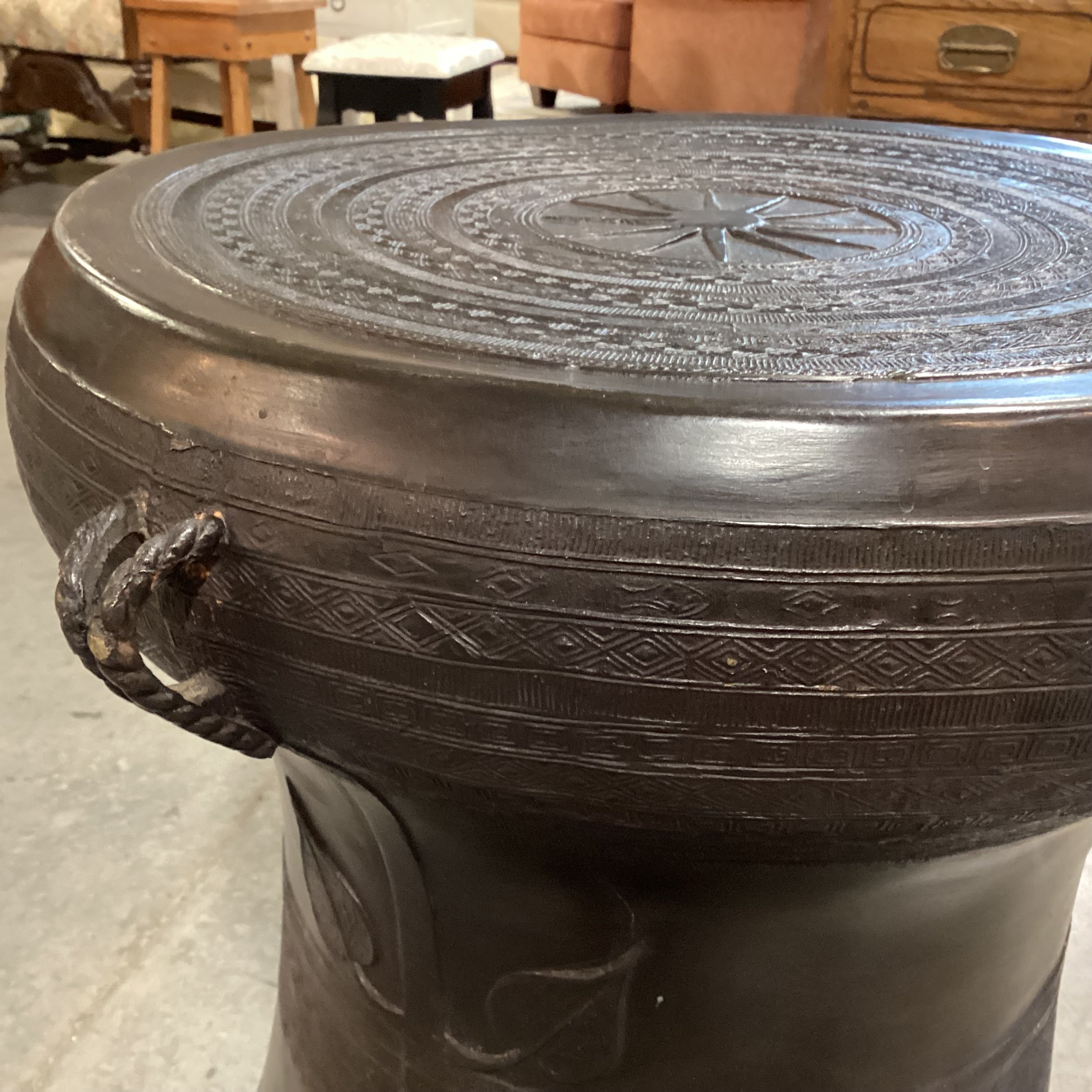 Asian Bronze Rain Drum Style Accent Table 21" Diameter x 24"