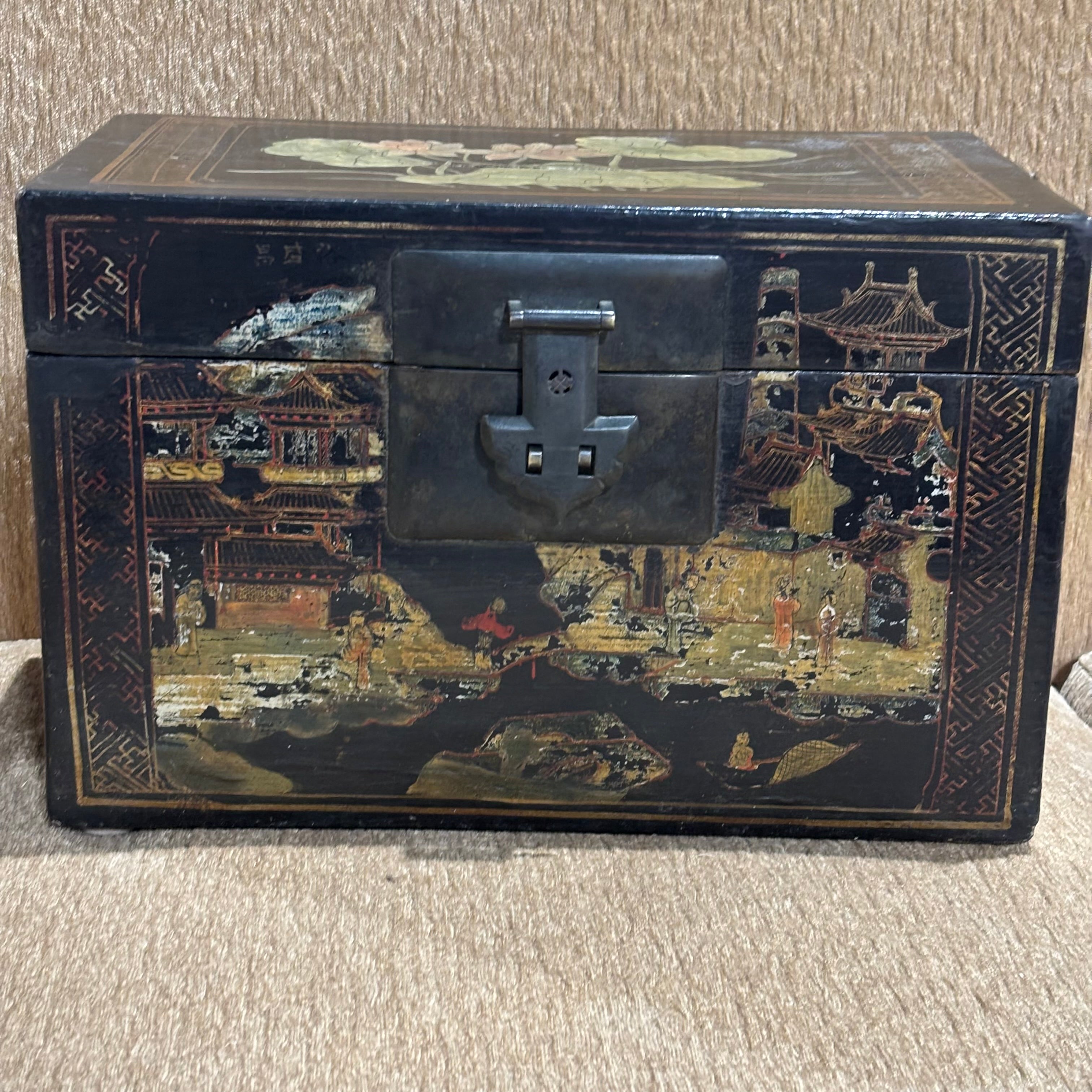 Antique Chinese Black Lacquer Handpainted Lotus Flowers Keepsake Chest