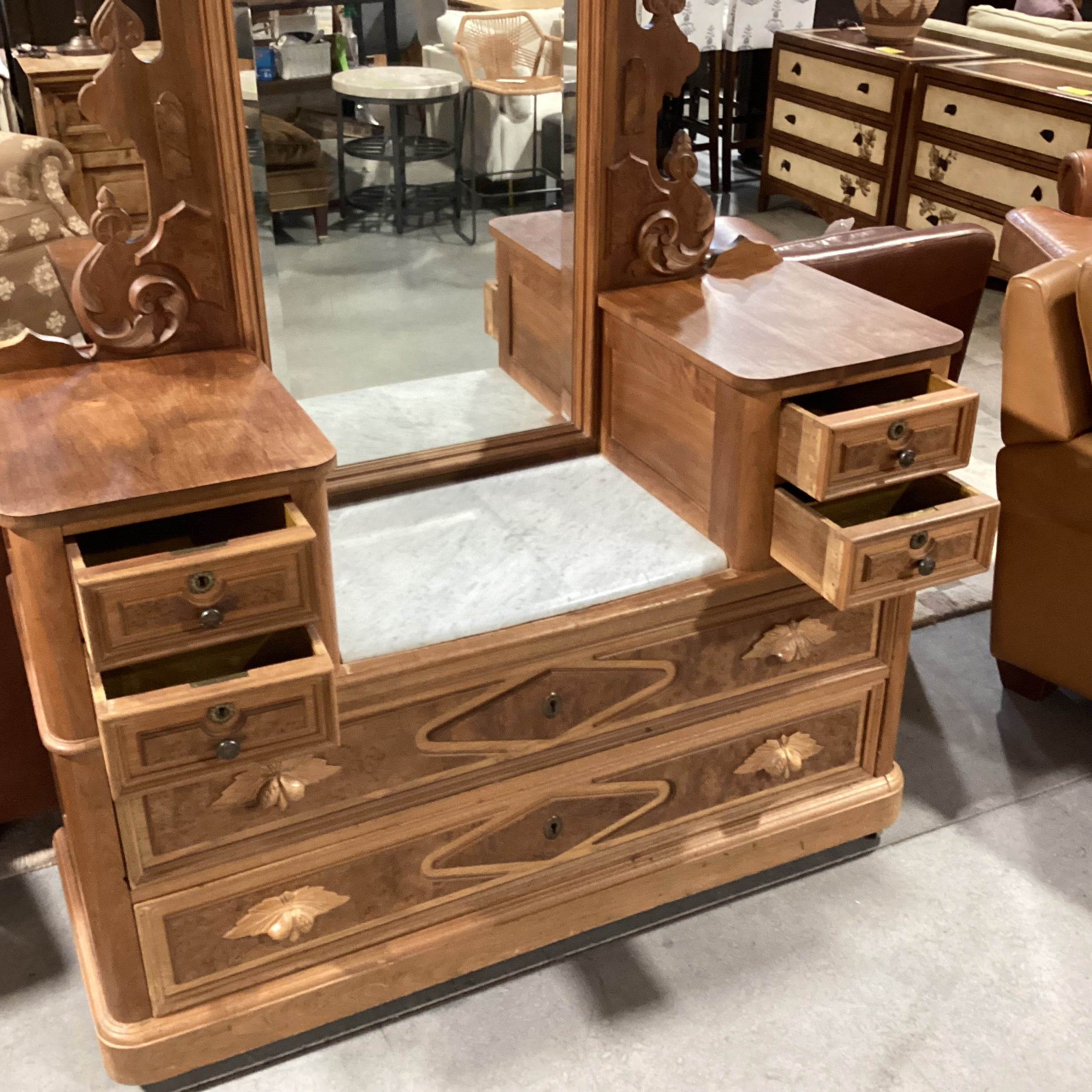 Antique Carved Wood with Mirror 4 Drawer & Marble Top Center Vanity Chest Dresser 52"x 20"x 87"