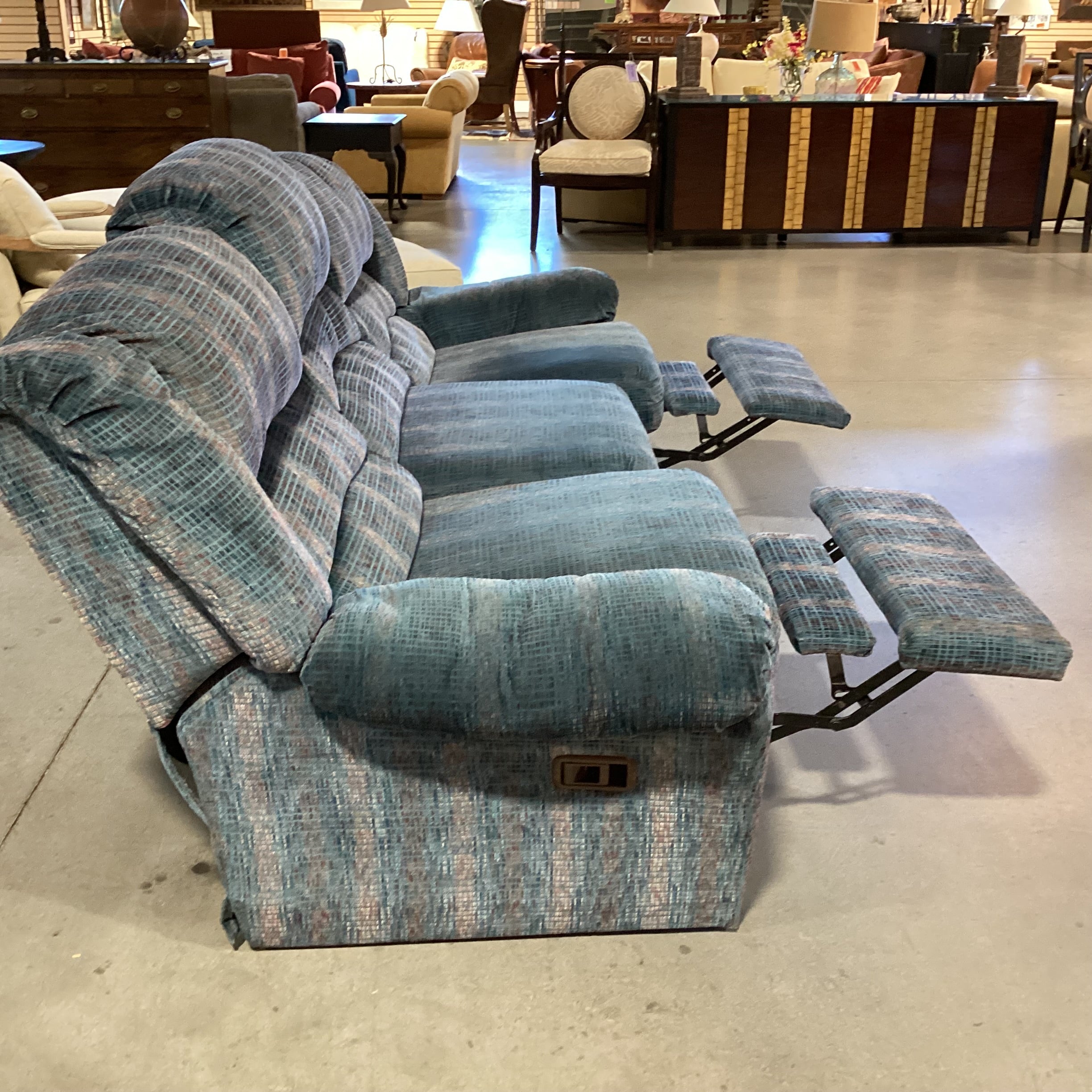 Action Industries Teal Blue with Light Red Grid Woven Double Recliner Sofa 96"x 38"x 37"