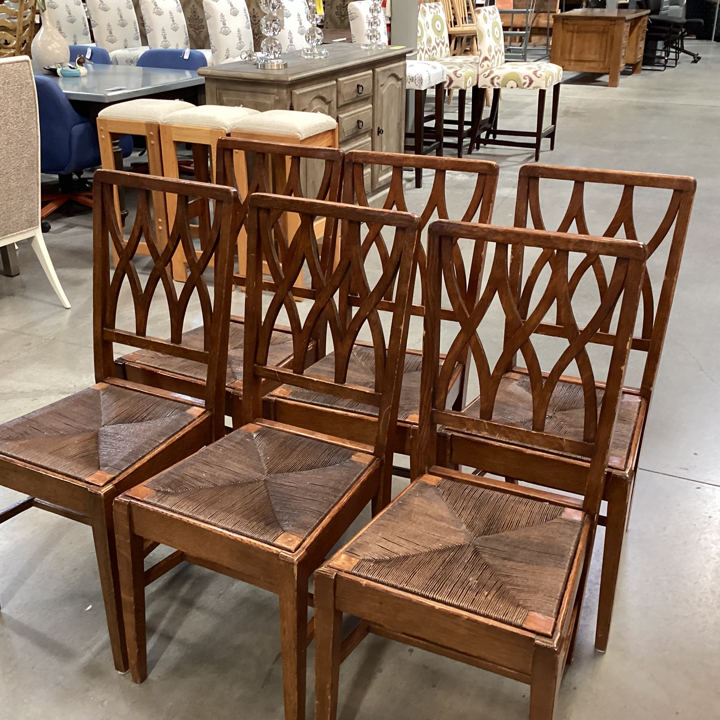 SET of 6 Vintage Antique Lattice Back & Rush Seat Dining Chairs 17"x 20"x 38"