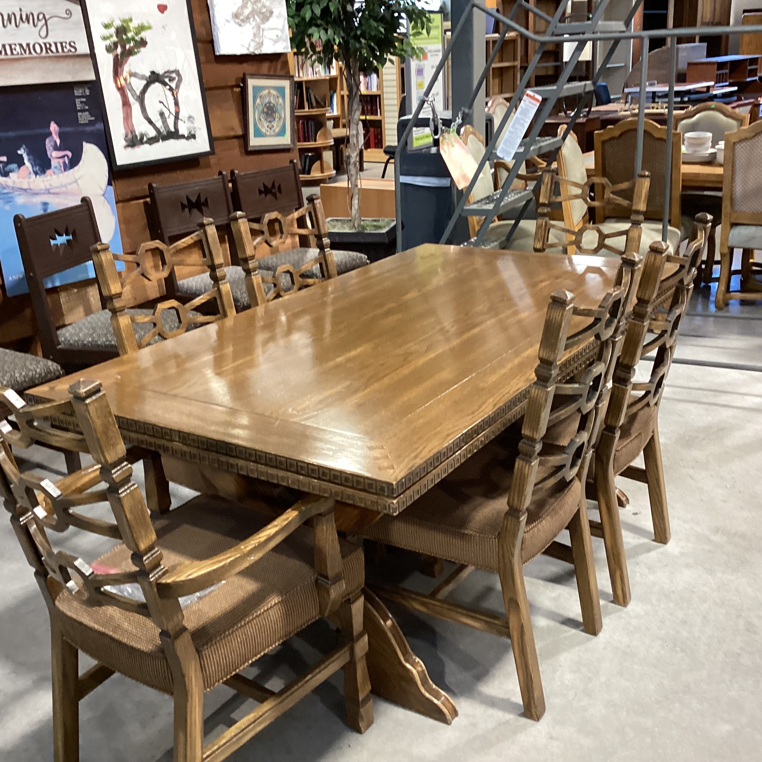 Vintage Antique Carved Oak with Trestle Table & 6 Chairs Dining Set 72"x 40"x 30"