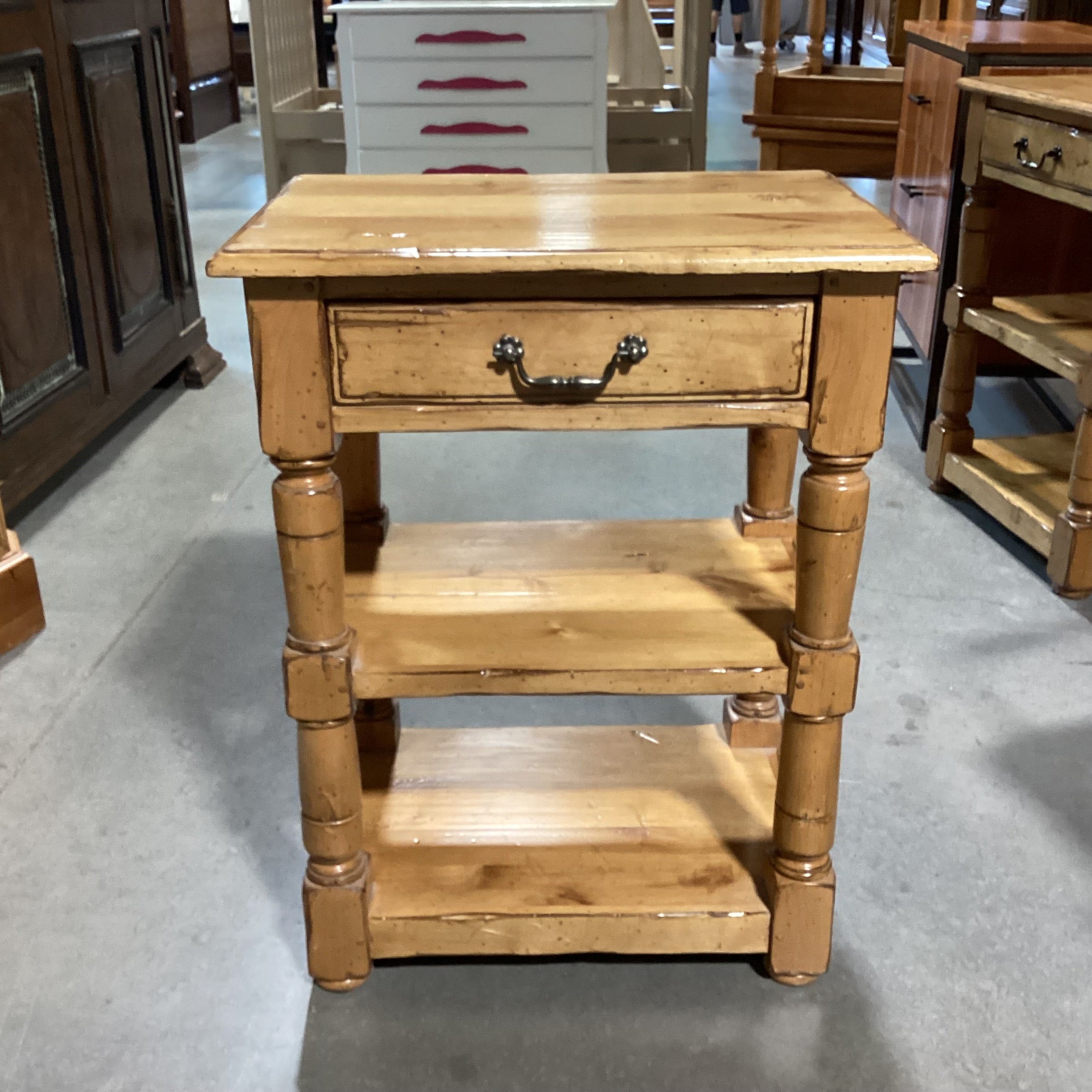 Golden Distressed Carved Wood 3 Tiered 1 Drawer End Table 25"x 18"x 33"