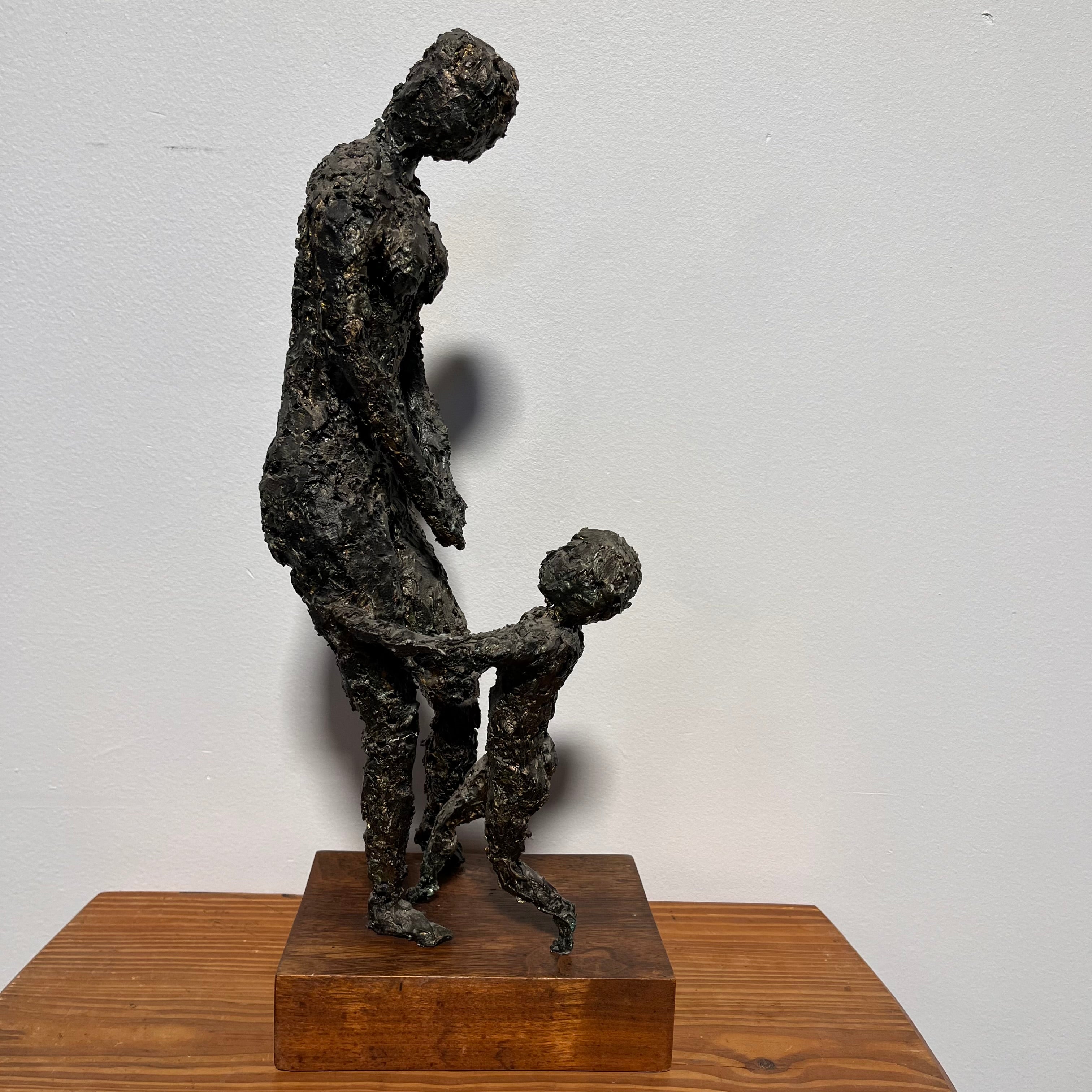 J. Hurley 1966 Mid-century Giacometti Style Mother and Child Sculpture; 8"x 17"x 5.5"