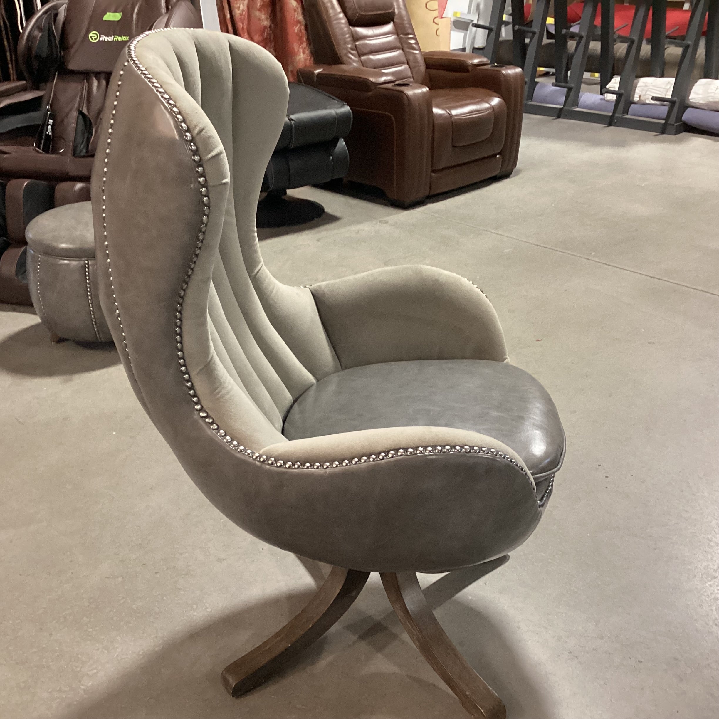 Uttermost Linford Clouded Zinc Leather Nailhead & Grey Velvet Swivel Chair 31"x 31"x 48"