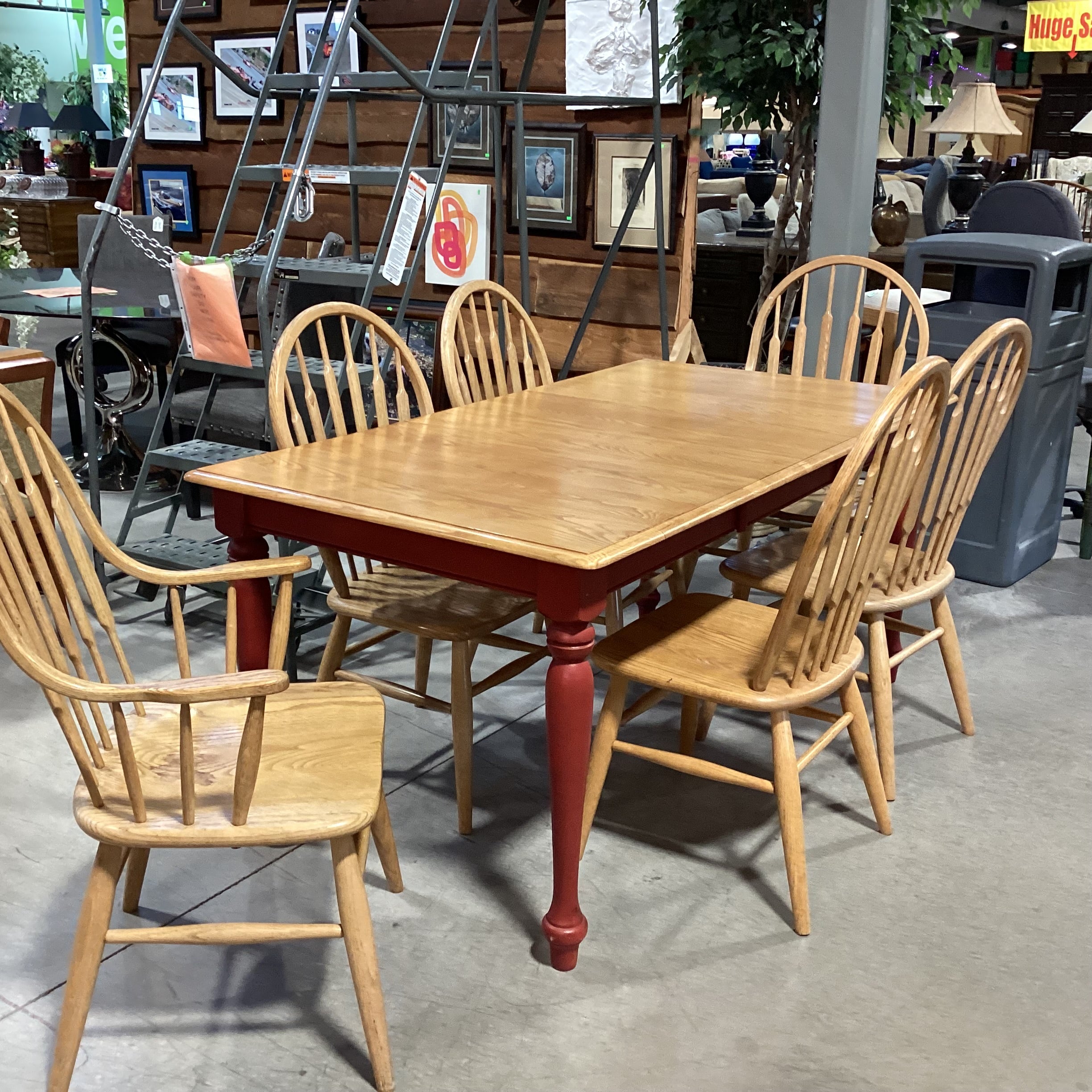 Country Oak & Red Legs 1 Leaf Table with 6 Oak Chairs Dining Set 66.5"x 36.5"x 30"