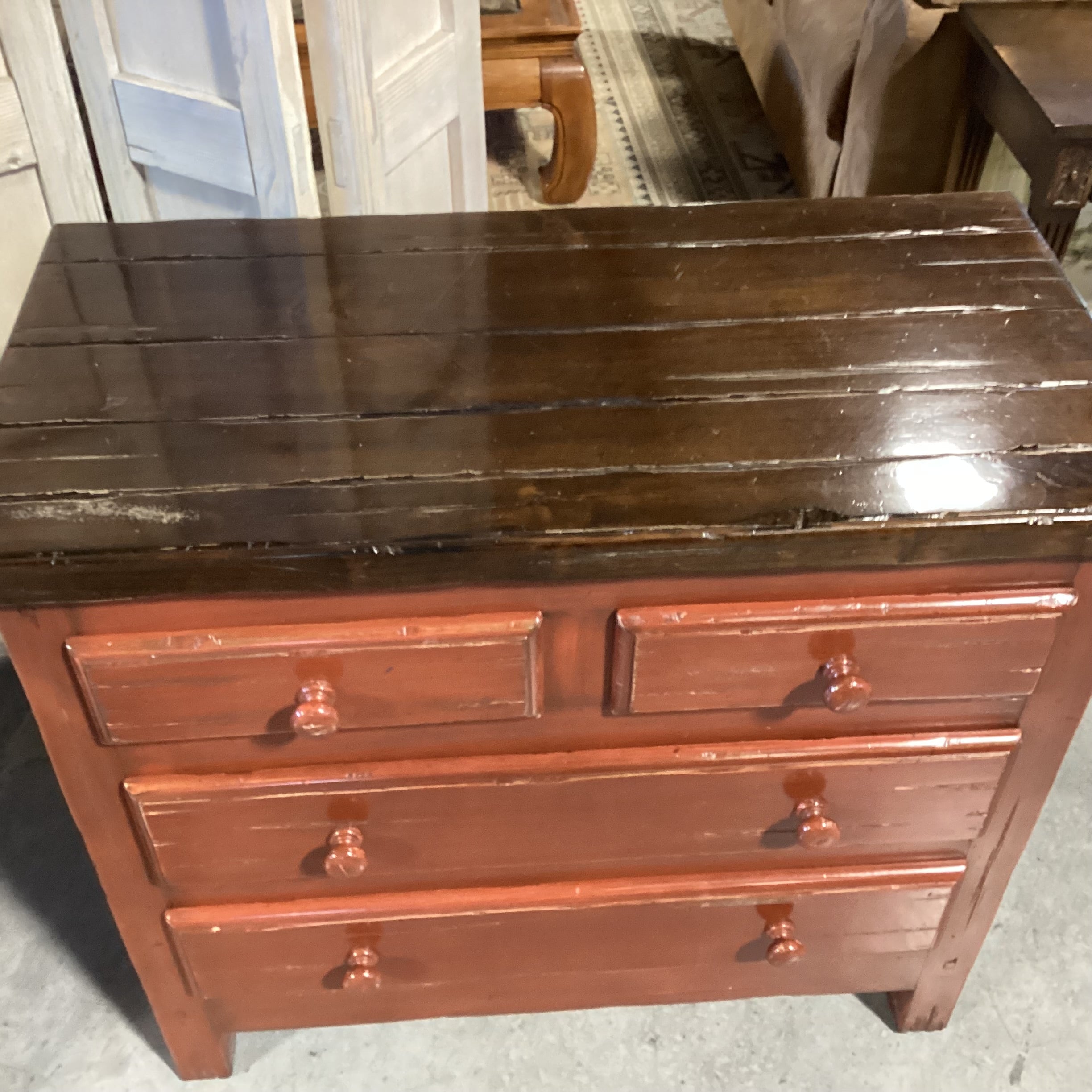 Red & Brown Distressed Finish Solid Wood 4 Drawer Chest 36"x 18"x 32.5"