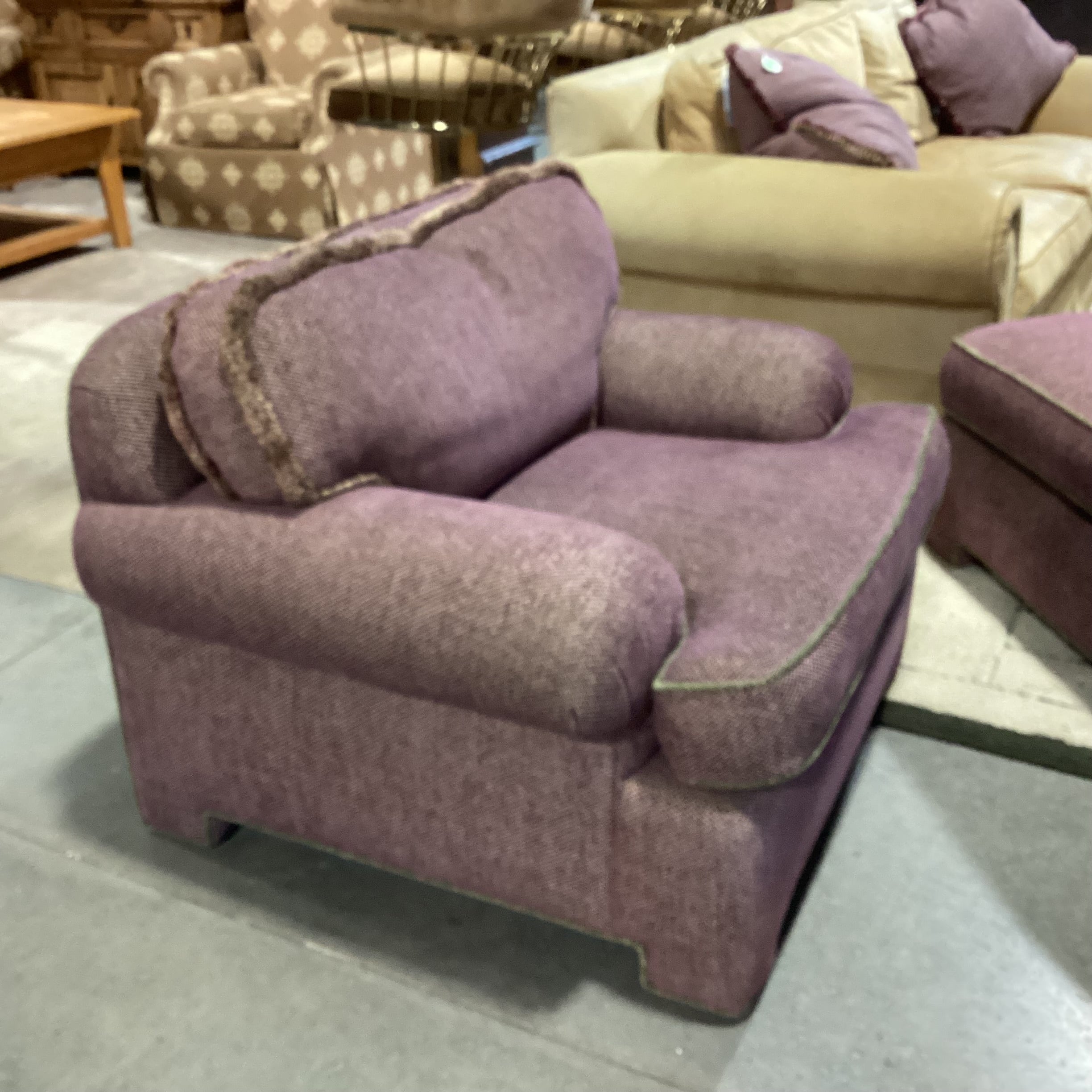 D. Langston Custom Purple & Cream Woven With Green Piping Down Mix With Ottoman Chair 40"x 36"x 28"