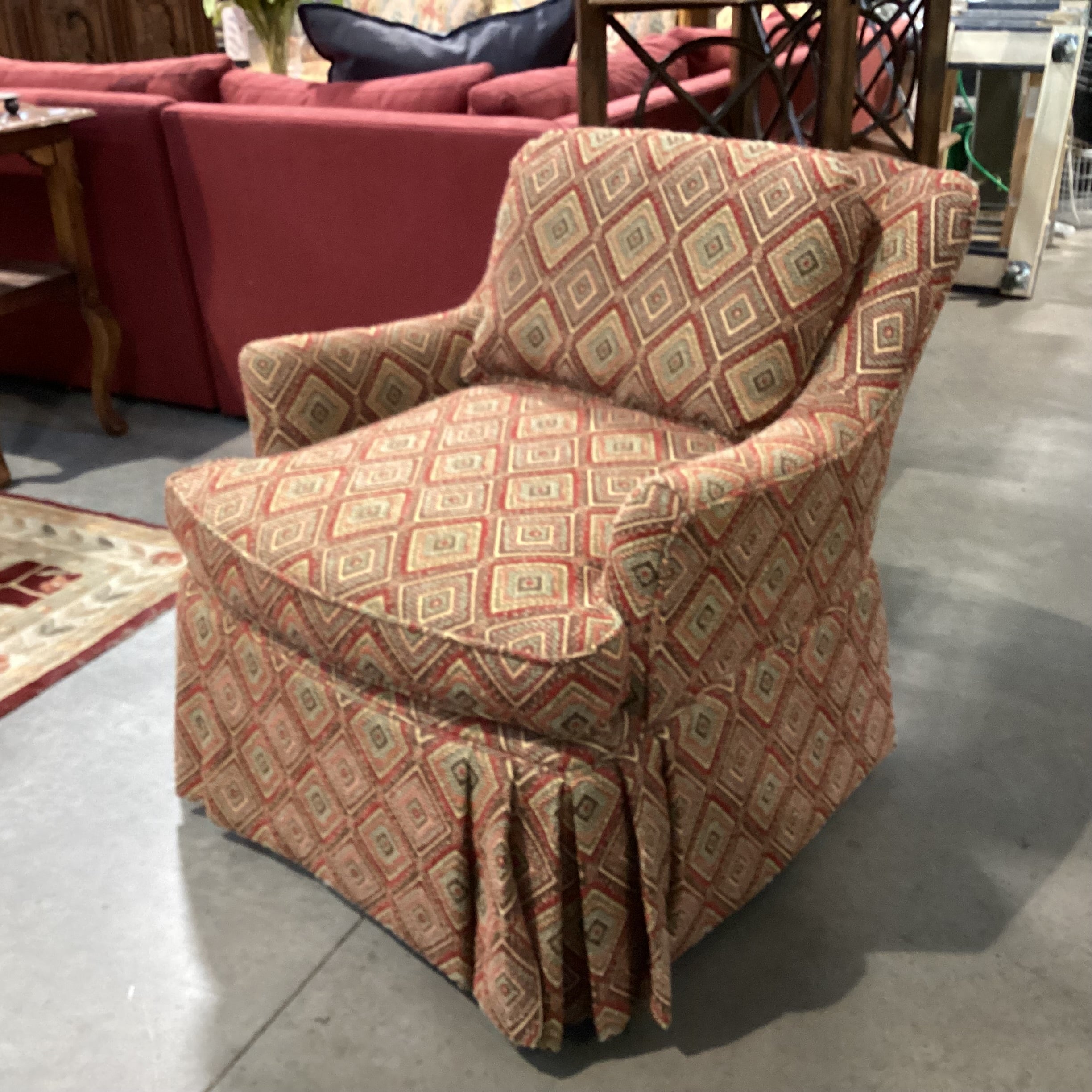 Dindy Foster Interiors Brown Gold Red Sage Diamond Pattern Woven with Tailored Skirt Chair 30"x 32"x 30"
