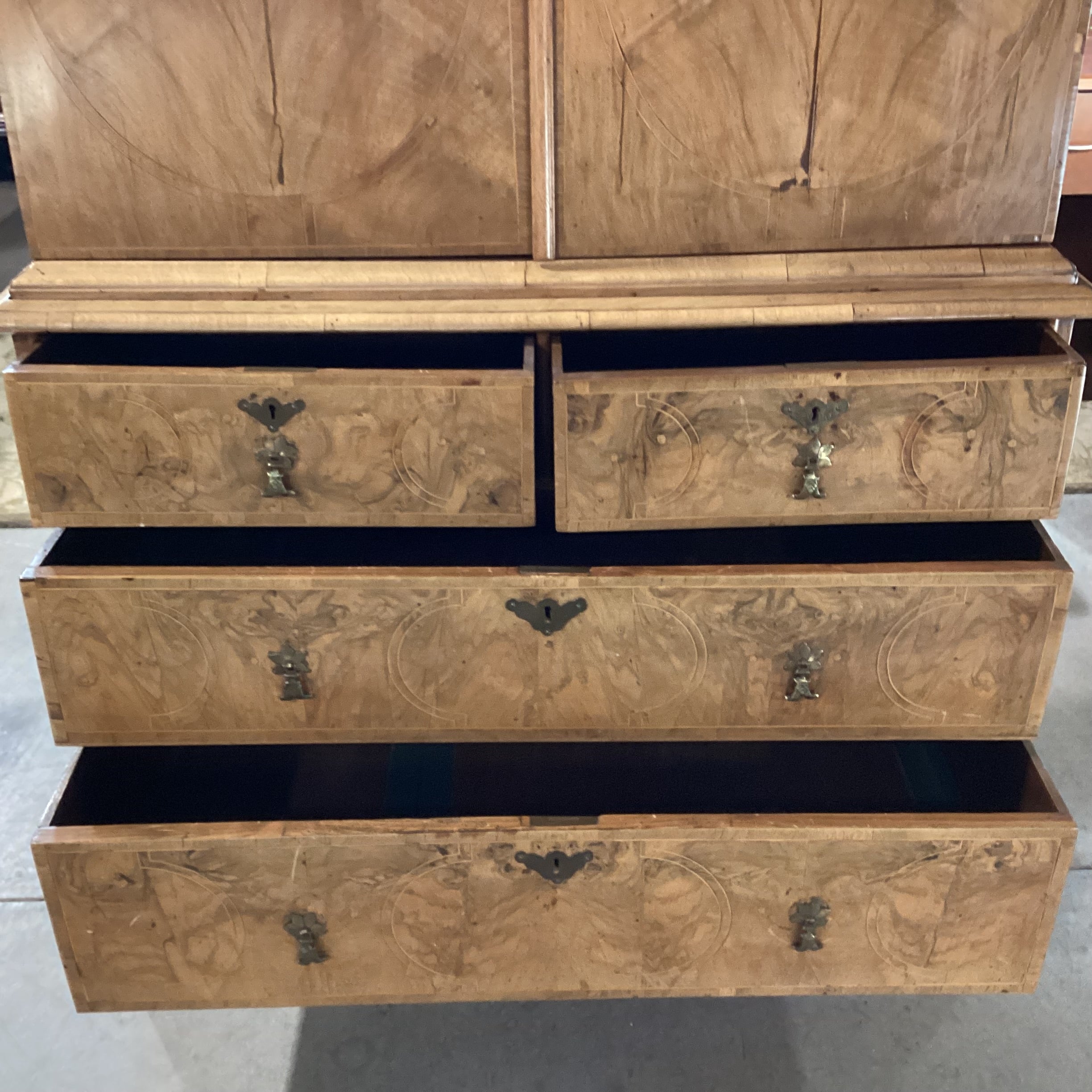 Antique English Burr Walnut Veneer Inlay & Brass Ornate Pulls 18 Drawer 2 Door 2 Piece Cabinet Chest 41"x 18"x 66"