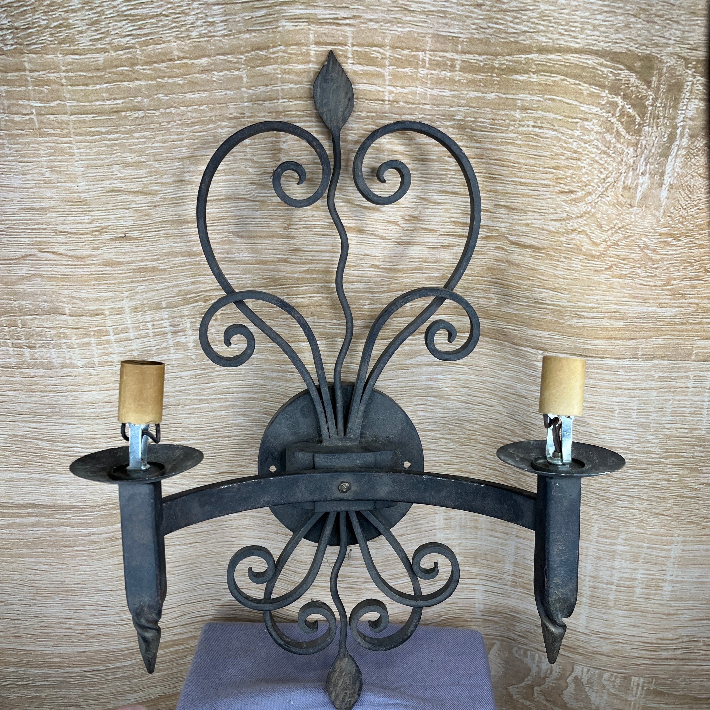 Spanish Revival 2-Light Bronze Brushed Iron Heart Scroll Wall Sconce 15"x 24"x 8"