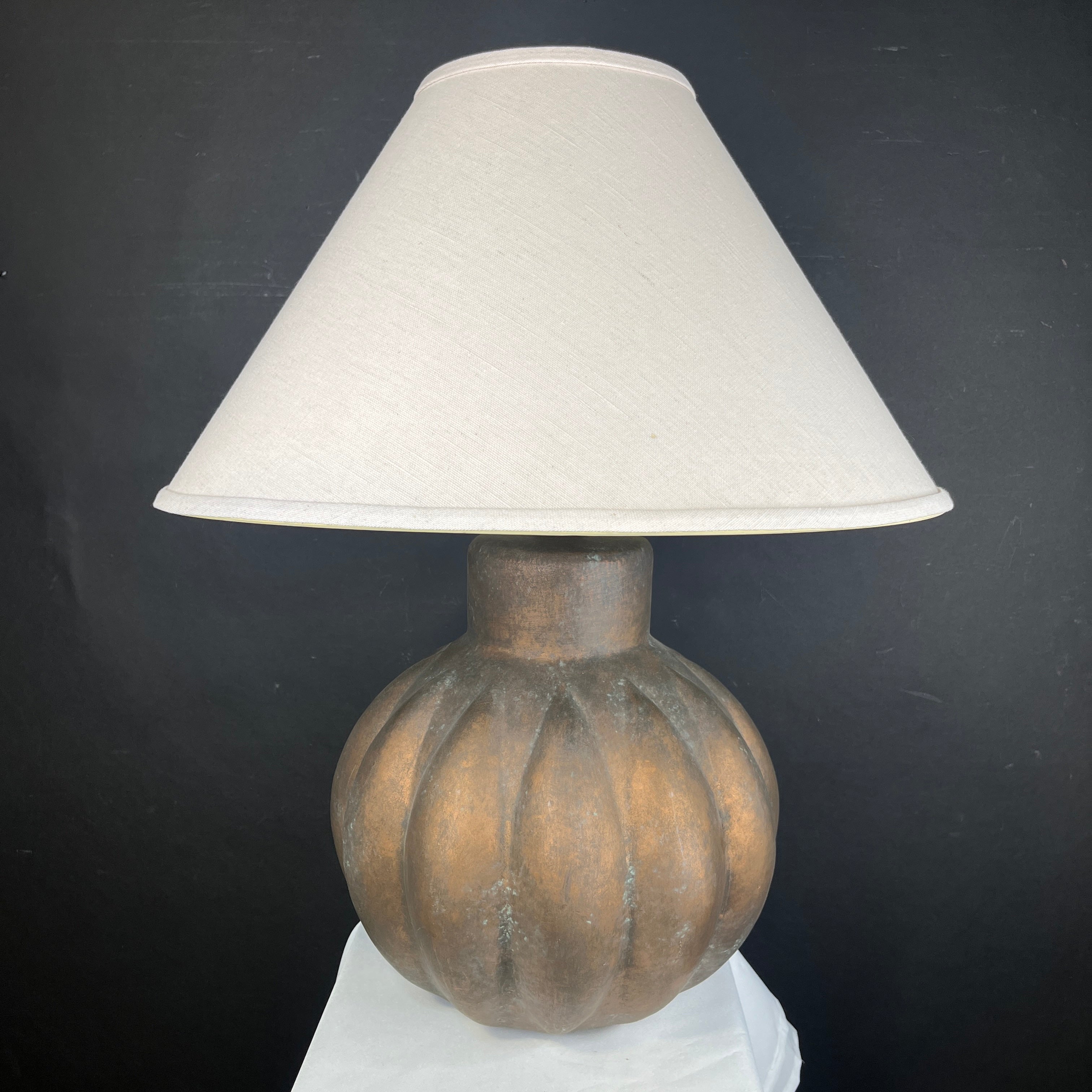 Masterpiece Patin Copper Painted Plaster Pumpkin with Shade Table Lamp 21” Diameter @ Shade x 27”