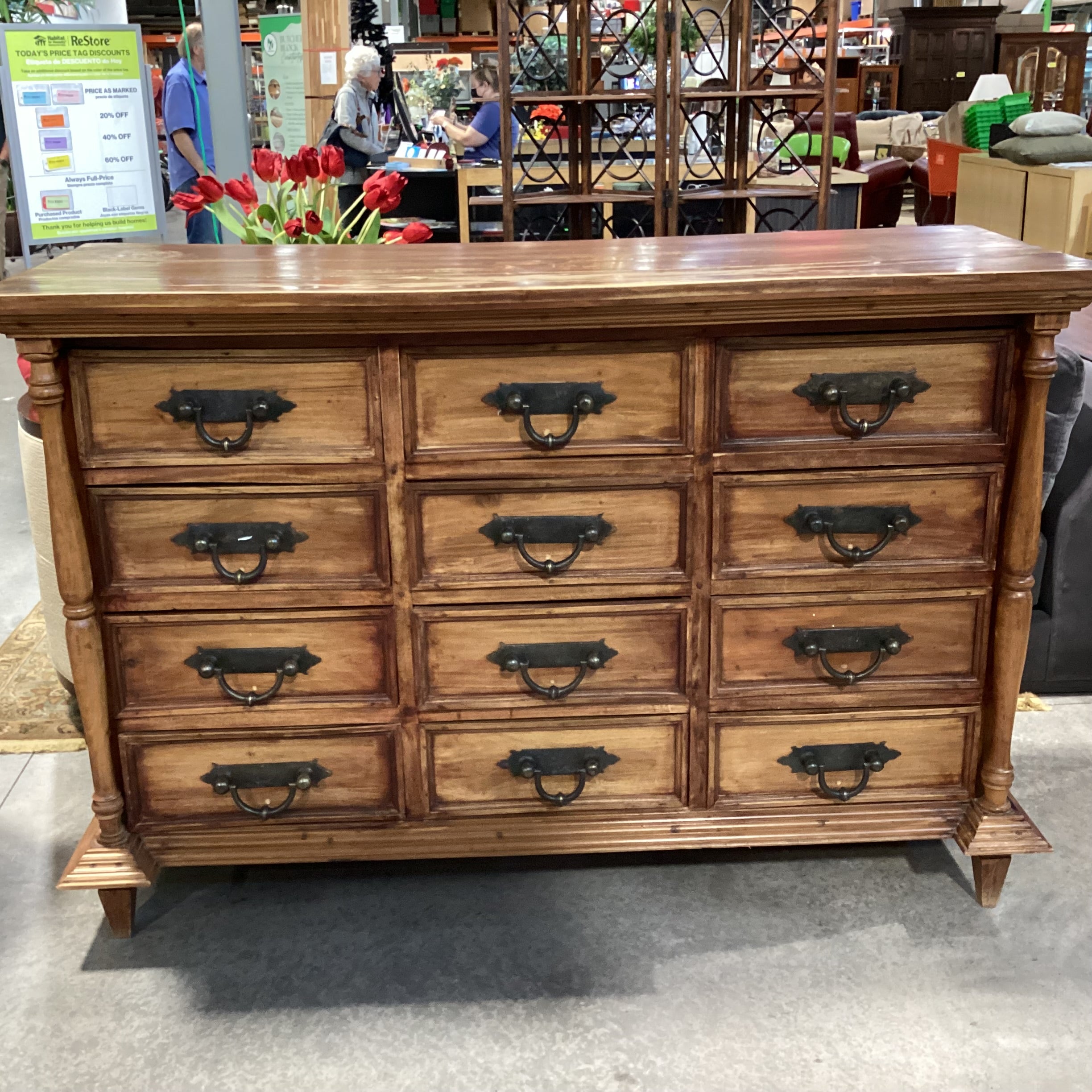 Solid Rustic Carved Wood & Iron 12 Drawer Dresser 68"x 26"x 45.5"