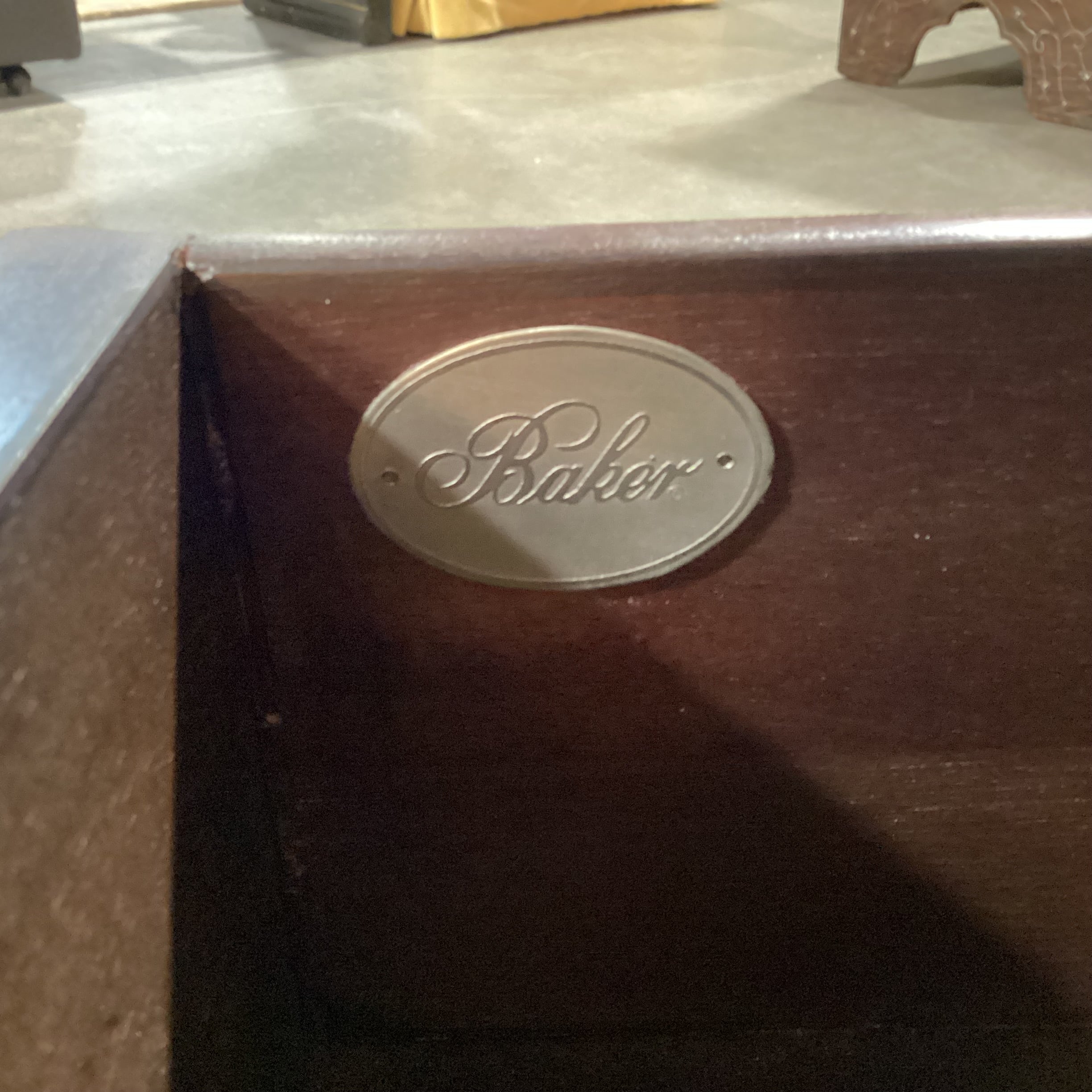 Baker Furniture Mahogany 2 Drawer with Open Shelf & Tray Top End Table 30.5"x 20"x 29.5"