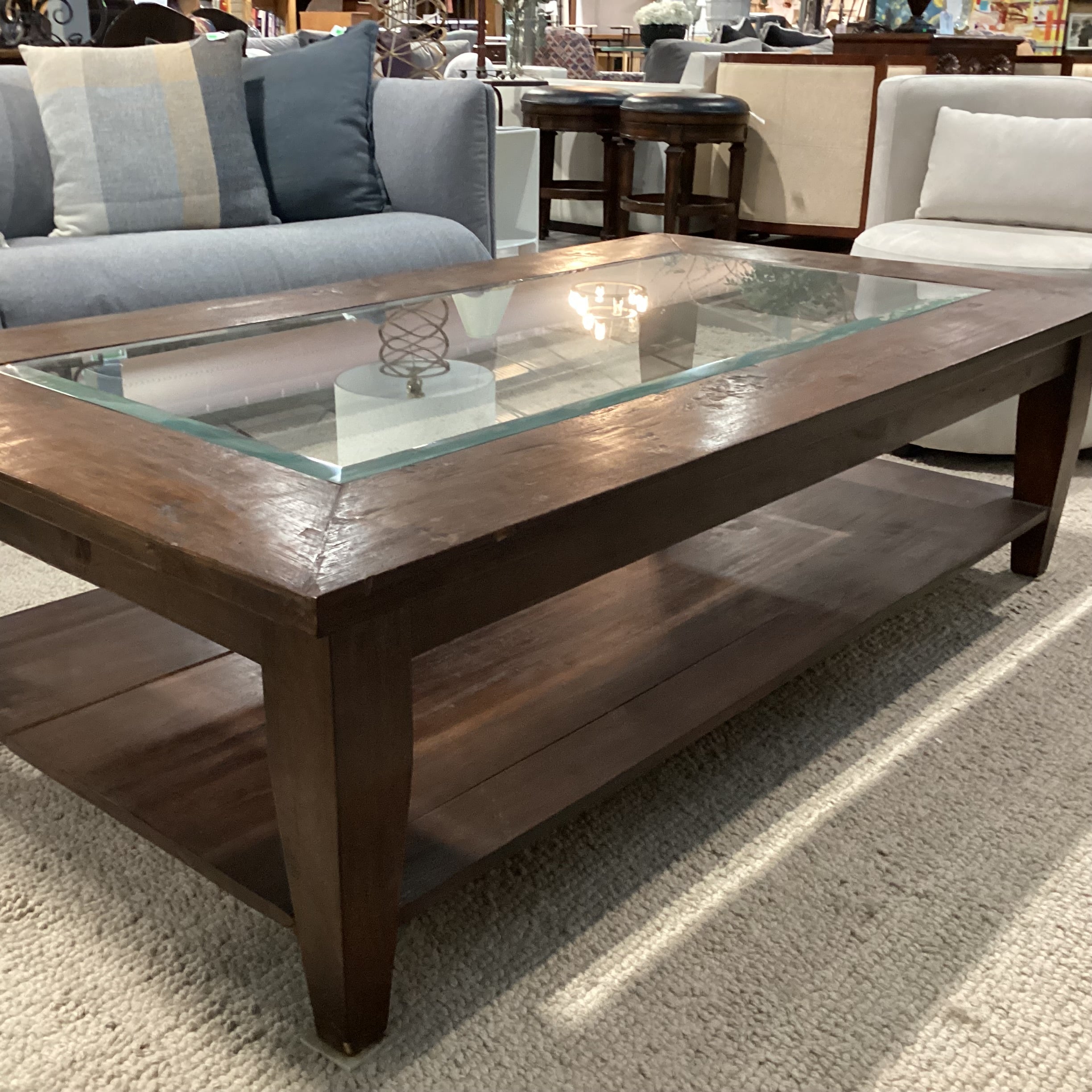 Dark Distressed Solid Wood with Glass Inset Top Coffee Table 63"x 35"x 18"