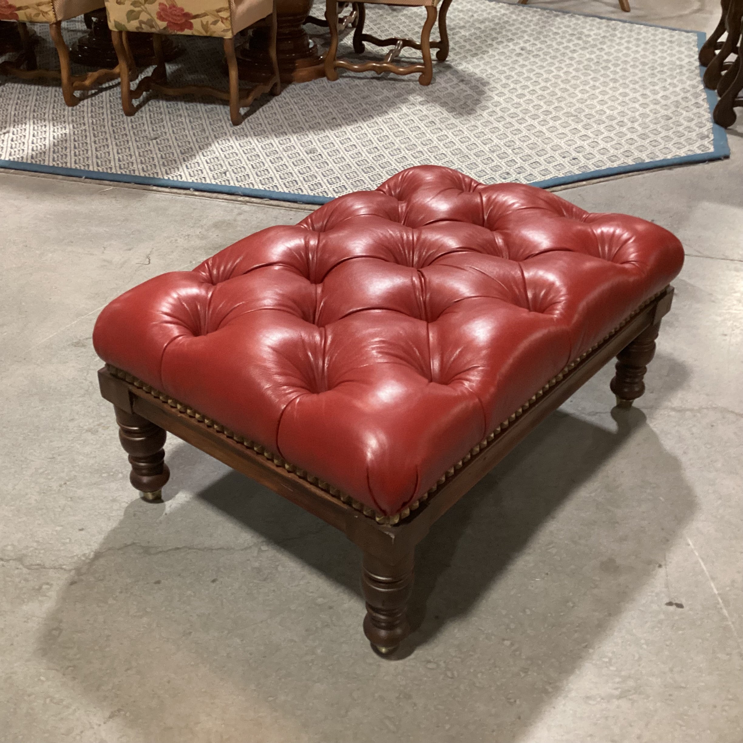 Pearson Furniture Red Leather Tufted & Carved Wood Ottoman 39"x 28"x 18"
